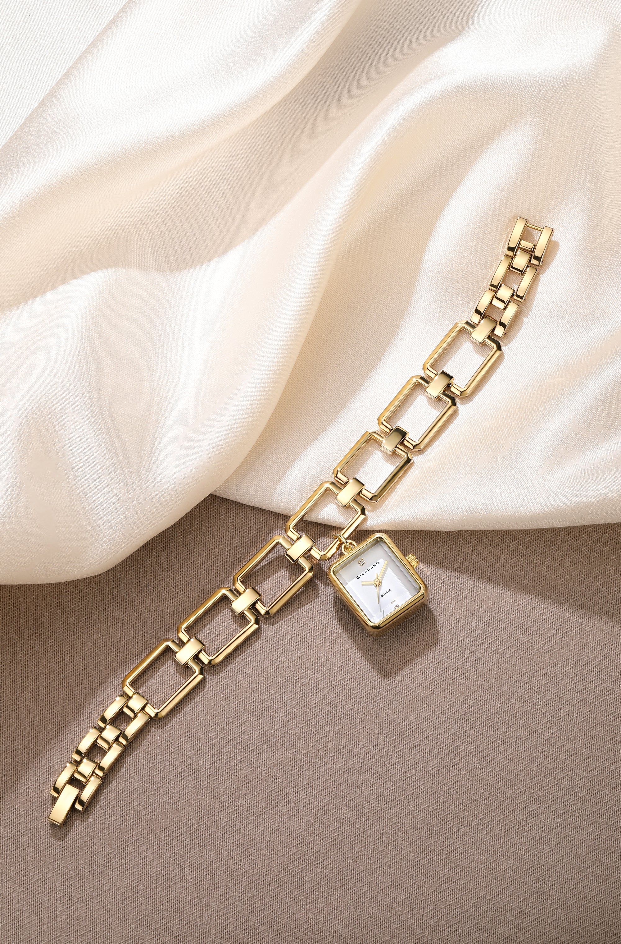 Giordano Analog Bracelet Watch for Women with Square White Dial, Crystal Hour Markers, Quartz Movement and Gold-Tone Link Bracelet - GZ-60187-22 - Image 3