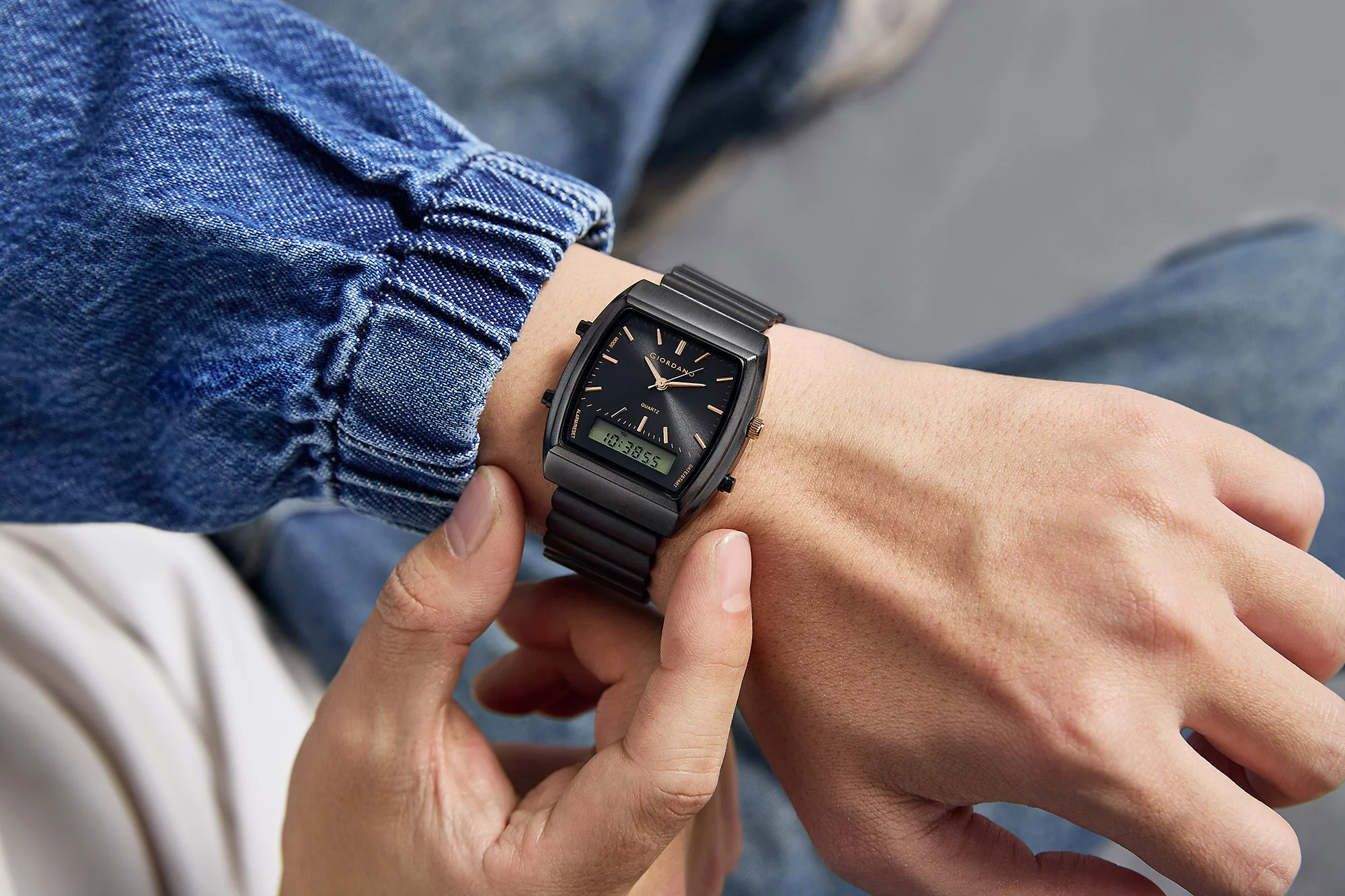 Giordano Analog Digital Watch for Men with Square Black Dial, Day Function, Black Stainless Steel Strap - GZ-50207-11 - Image 2