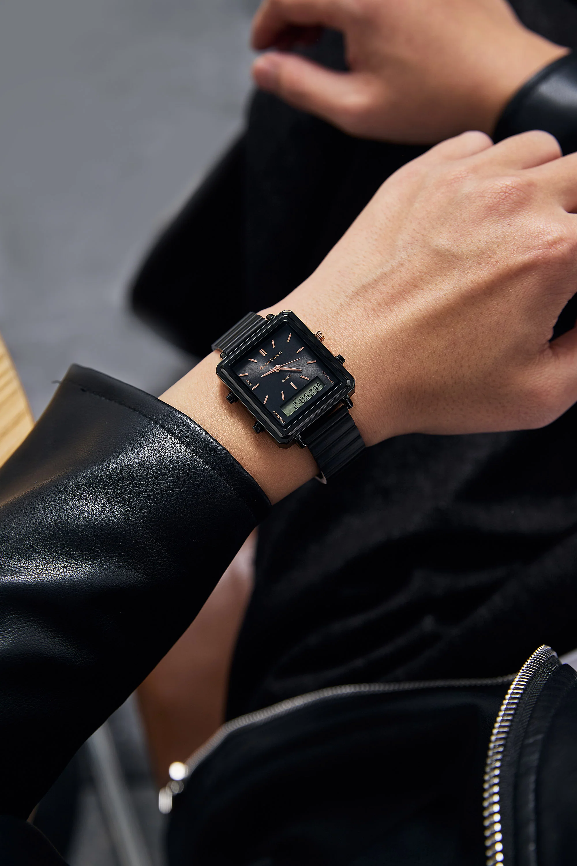 Giordano Analog Digital Watch for Men with Square Black Dial, Dual Time Display, Black Stainless Steel Strap - GZ-50210-11 - Image 2