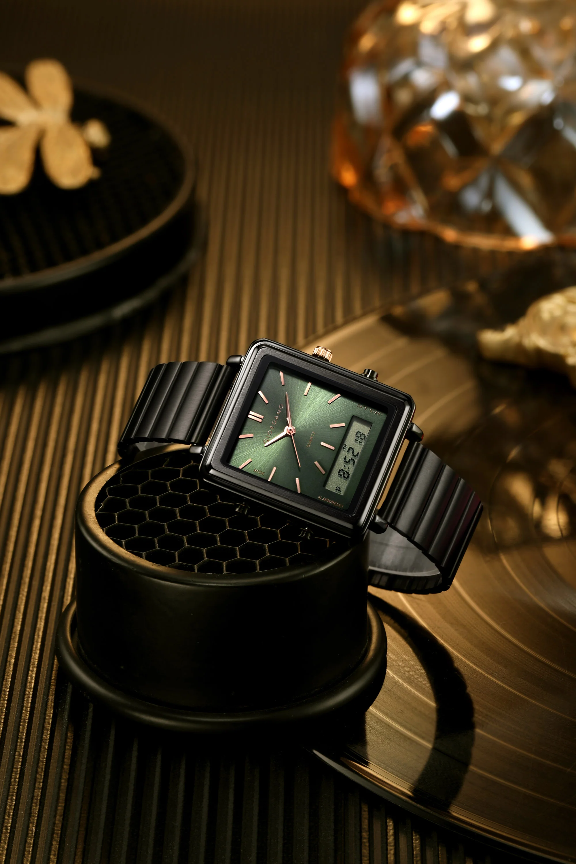 Giordano Analog Digital Watch for Men with Square Green Dial, Dual Time Display, Black Stainless Steel Strap - GZ-50210-55 - Image 3
