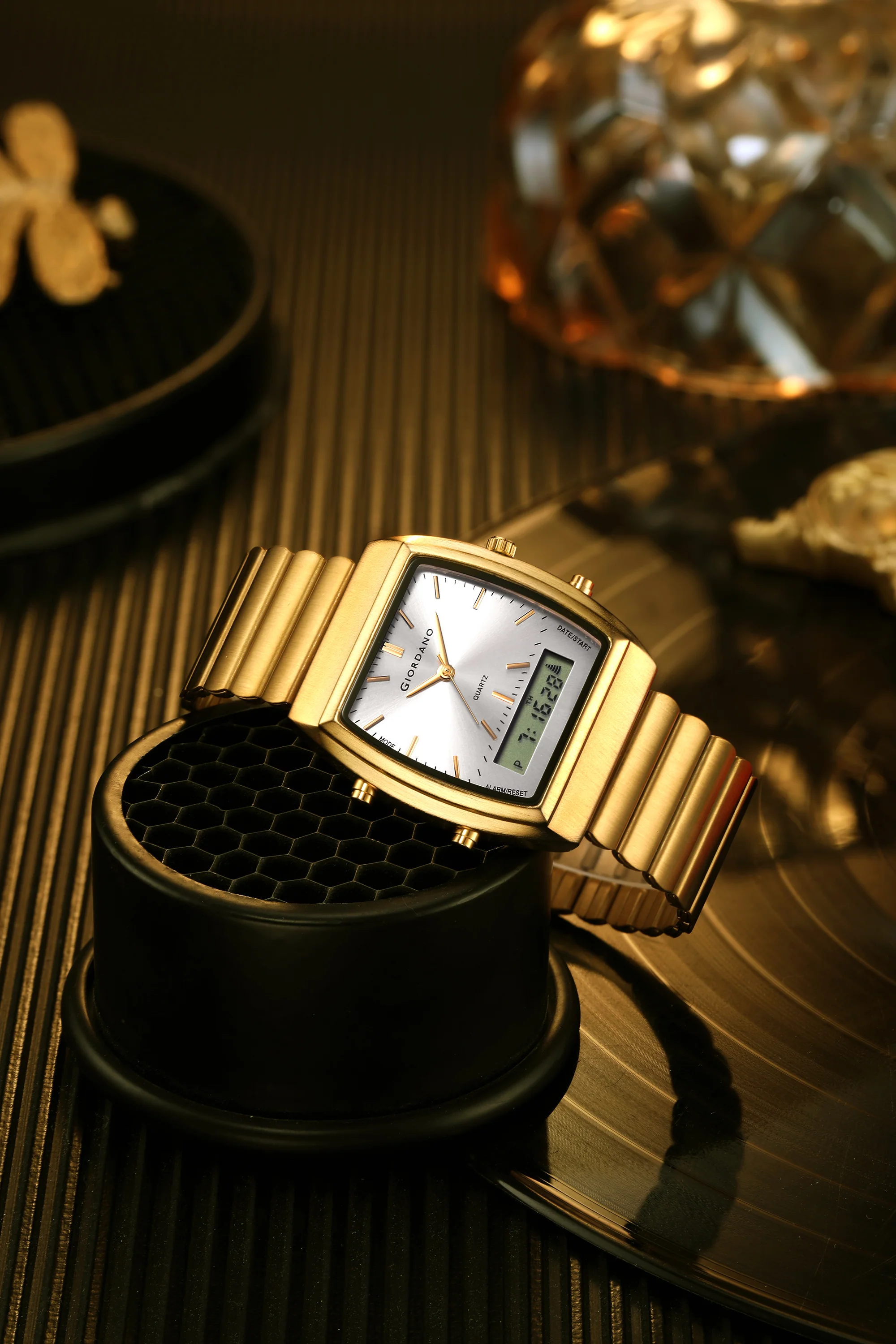 Giordano Analog Digital Watch for Men with Square White Dial, Day Function, Gold Stainless Steel Strap - GZ-50207-22 - Image 3