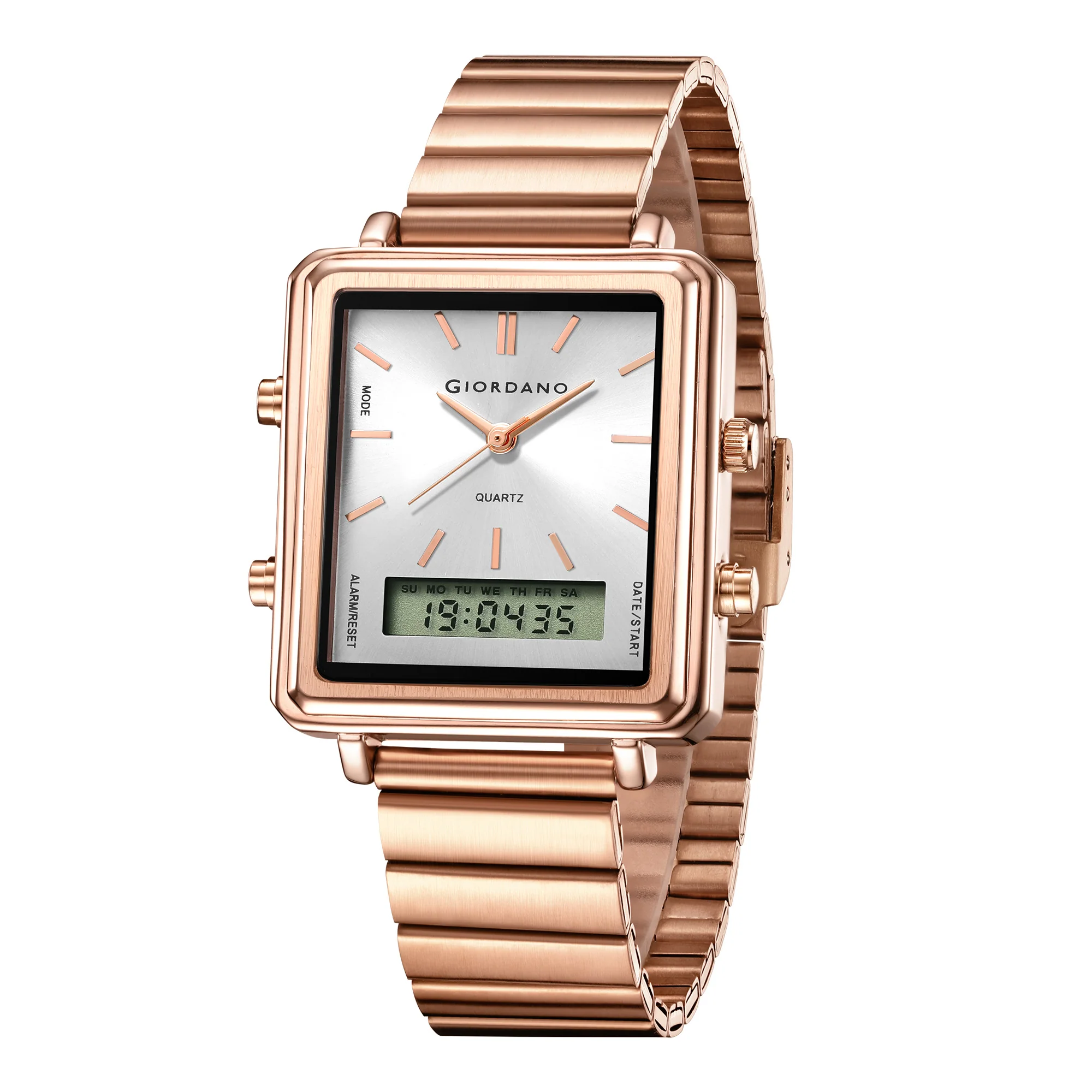 Giordano Analog Digital Watch for Men with Square White Dial, Dual Time Display, Rose Gold Stainless Steel Strap - GZ-50210-77 - Image 5