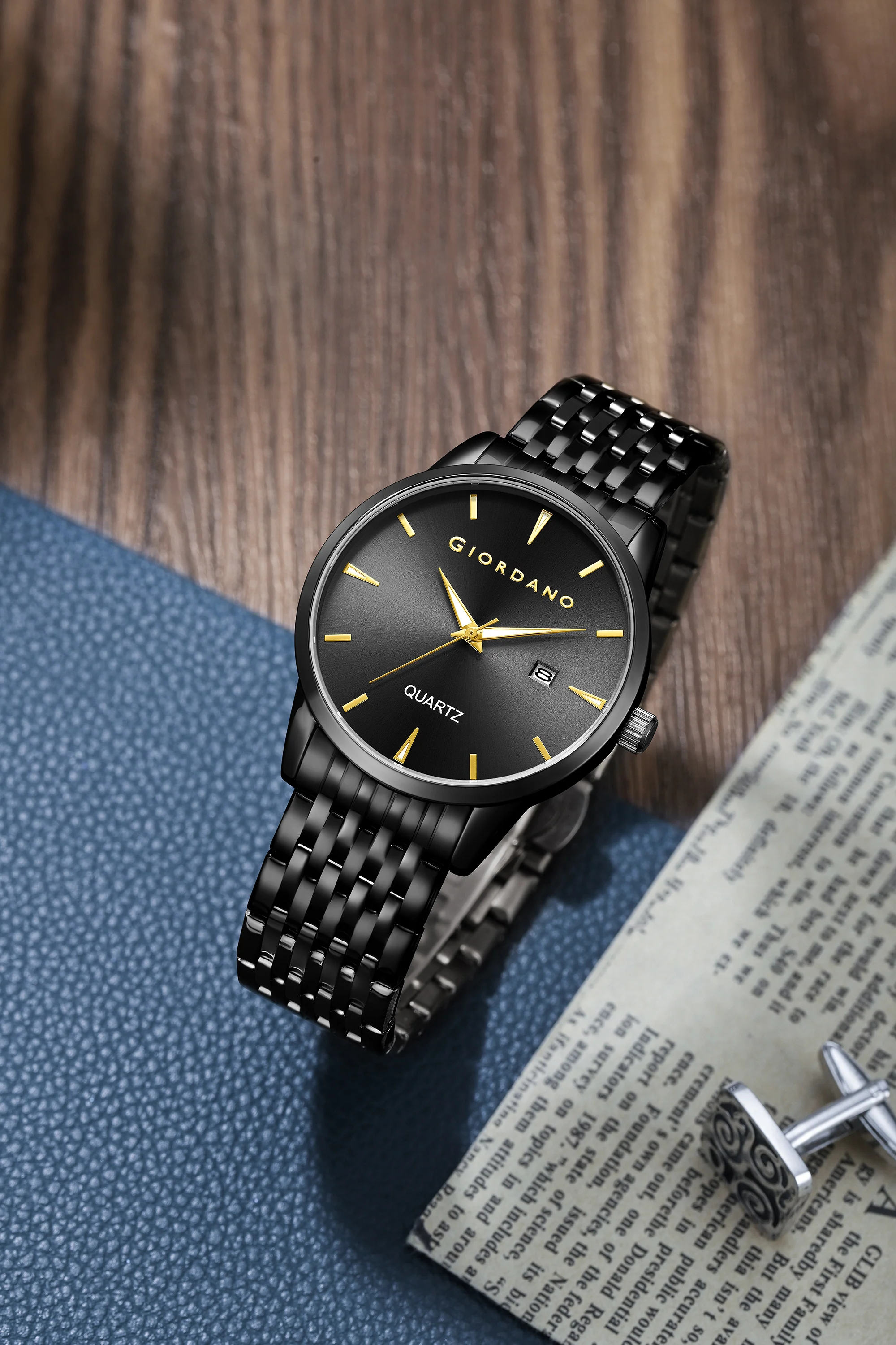 Giordano Analog Quartz Watch for Men with Black Sunray Dial, Gold-Tone Hands & Hour Markers, Date Display, Black Stainless Steel Strap and 3 ATM Water Resistant - GZ-50169-11