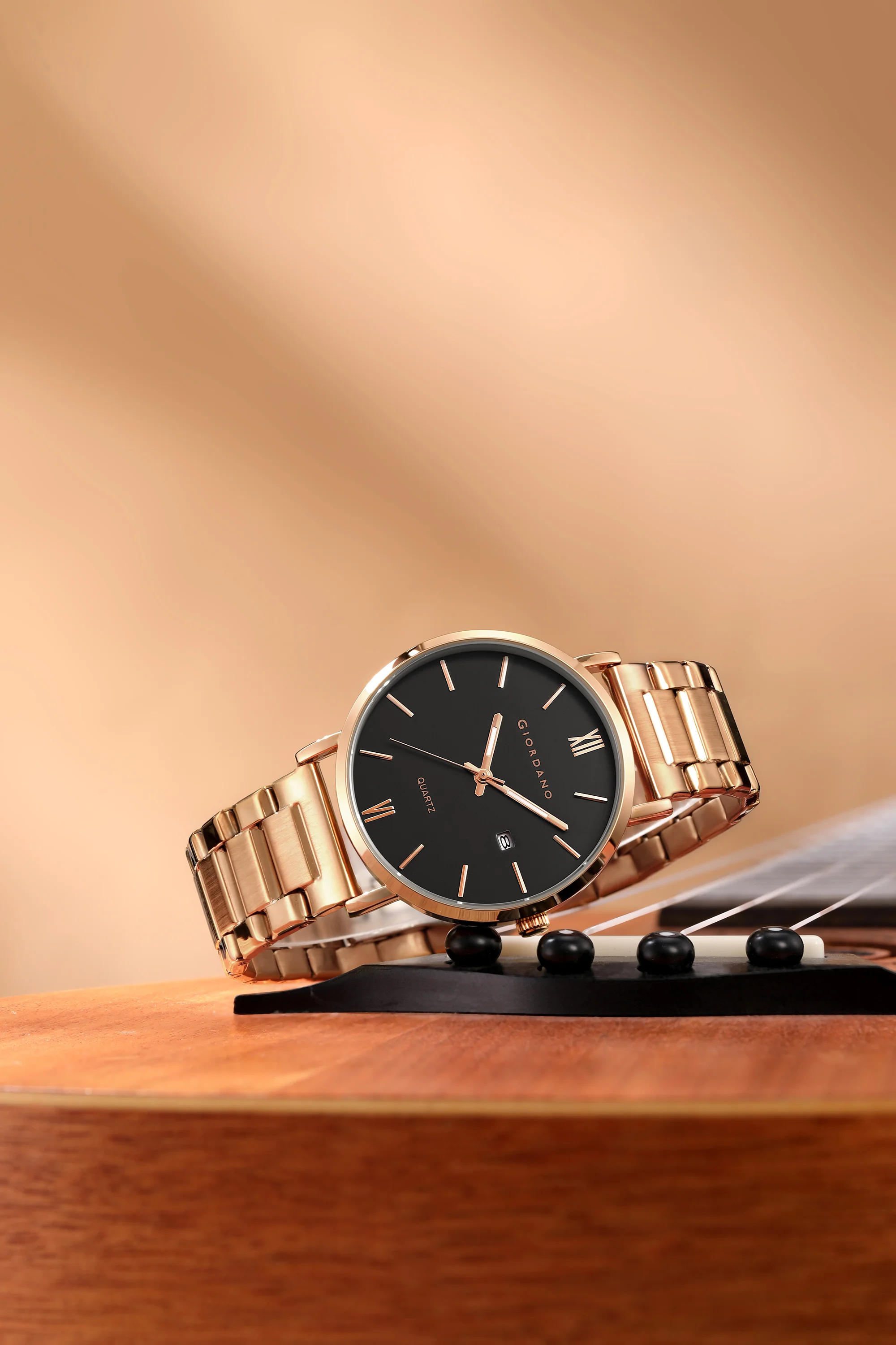 Giordano Analog Quartz Watch for Men with Round Black Dial, Roman Indices, Date Function, Luminous Hands, Rose Gold Stainless Steel Strap - GZ-50211-55 - Image 3