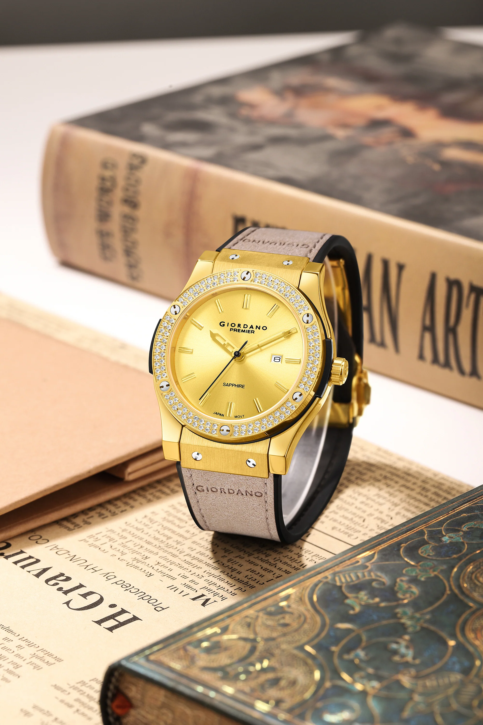 Giordano Analog Quartz Watch for Men with Round Gold Dial, Crystal Studded Bezel, Date Function and Brown Leather Strap - GZ-50227-02