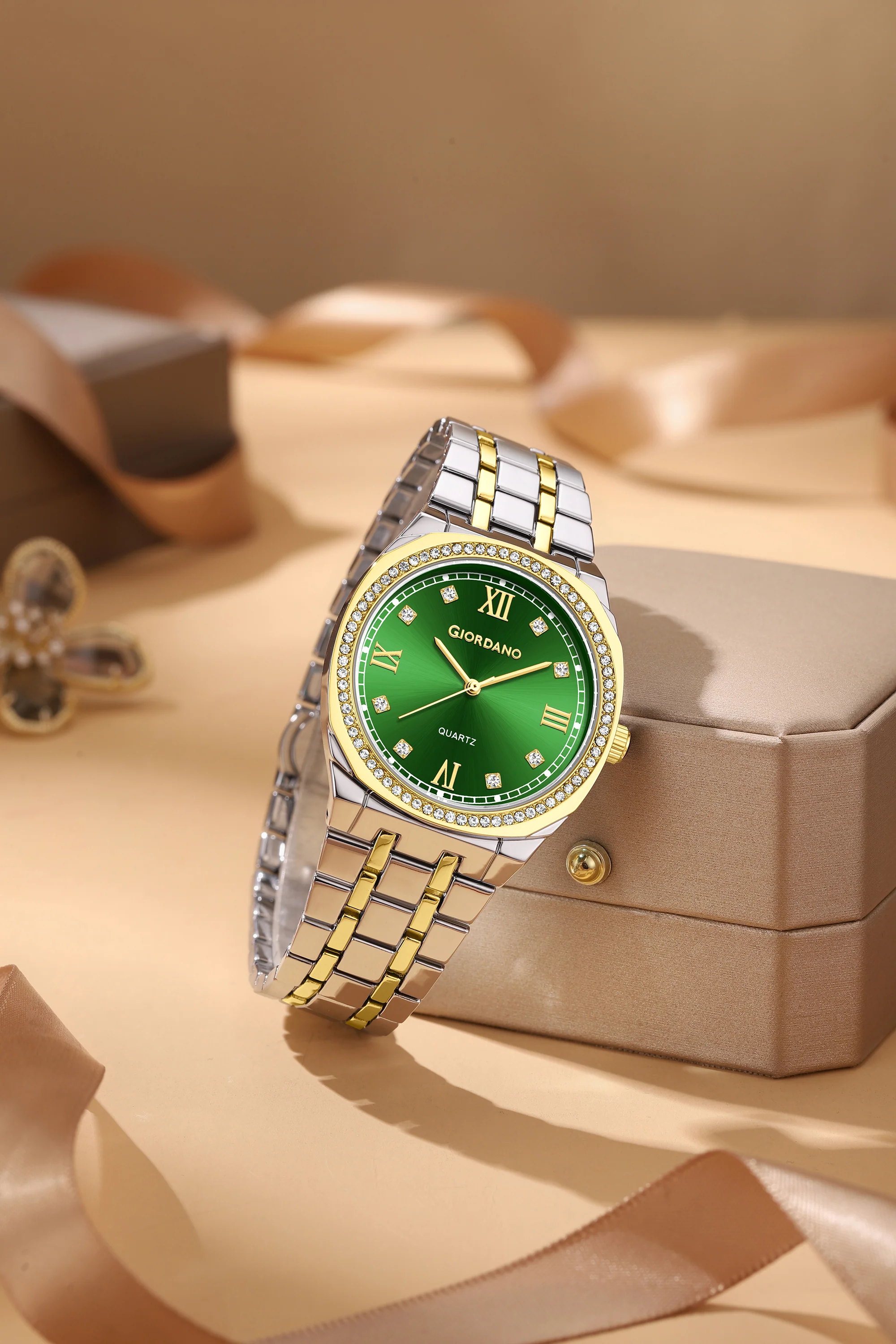 Giordano Analog Quartz Watch for Men with Round Green Dial, Roman Indices, Blue Crown, Crystal Studded Hour Markers and Bezel, Silver and Gold Stainless Steel Strap - GZ-50216-33