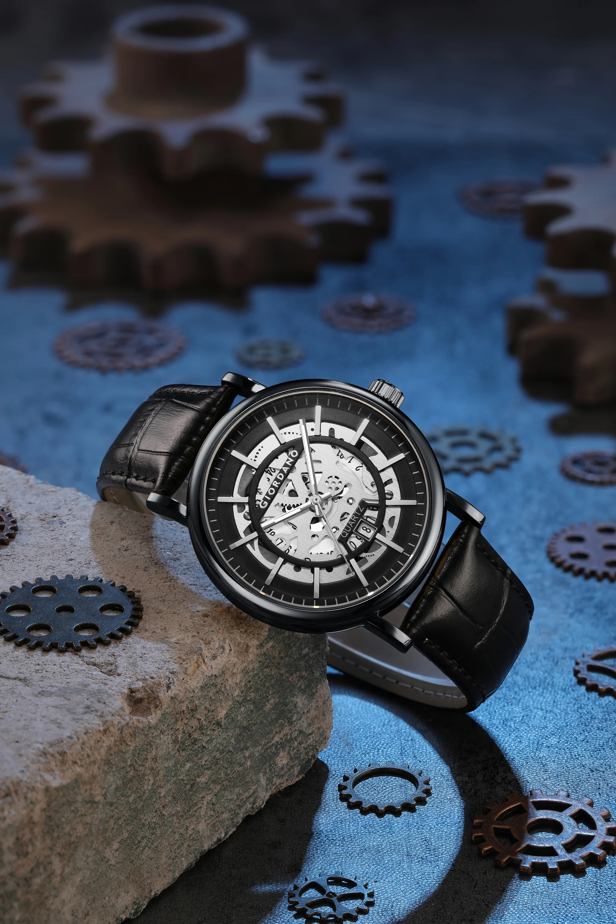 Giordano Analog Quartz Watch for Men with Skeleton Round Black Dial, Date Function, Luminous Hands and Markers, Black Leather Strap - GZ-50182-01 - Image 3