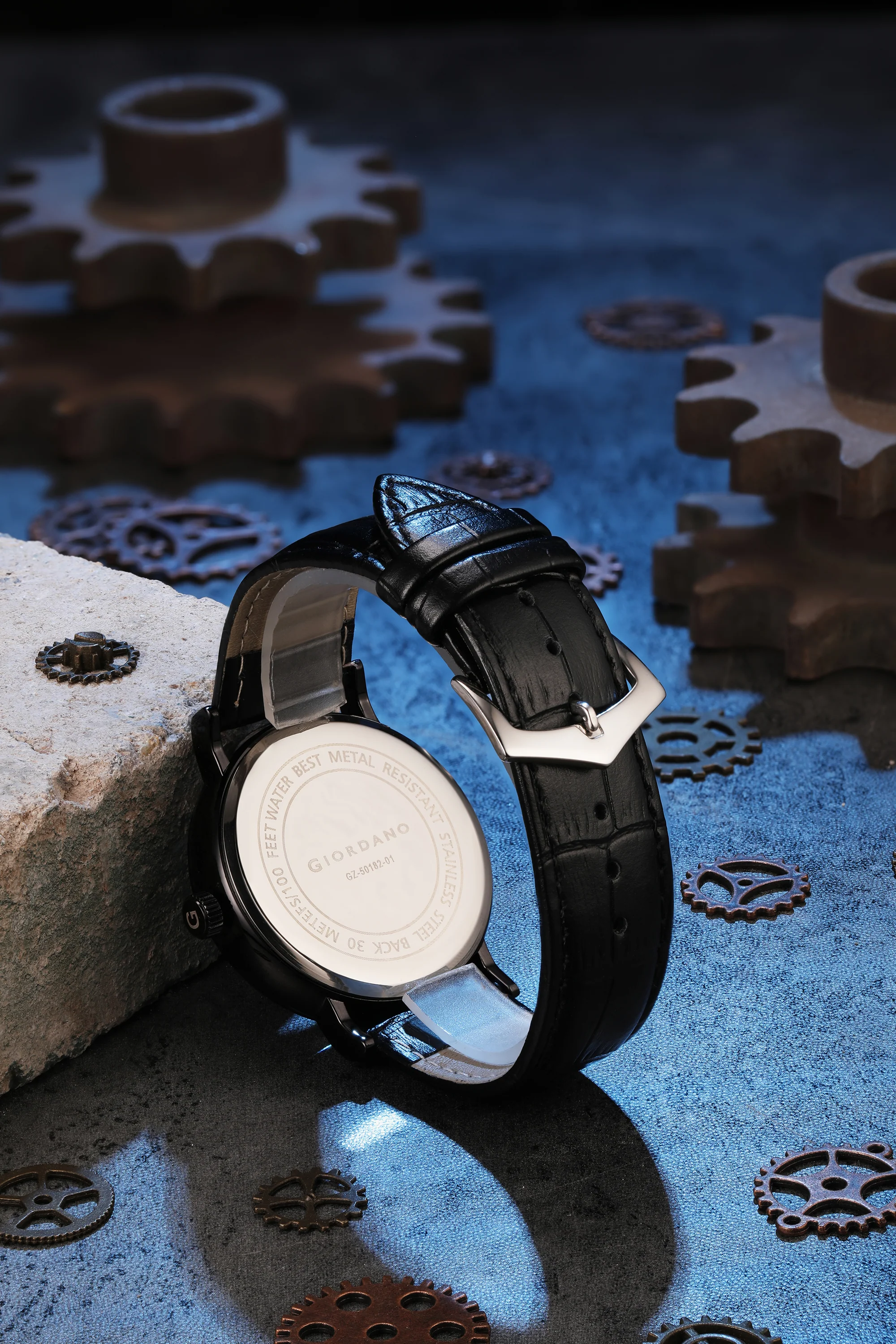 Giordano Analog Quartz Watch for Men with Skeleton Round Black Dial, Date Function, Luminous Hands and Markers, Black Leather Strap - GZ-50182-01 - Image 4