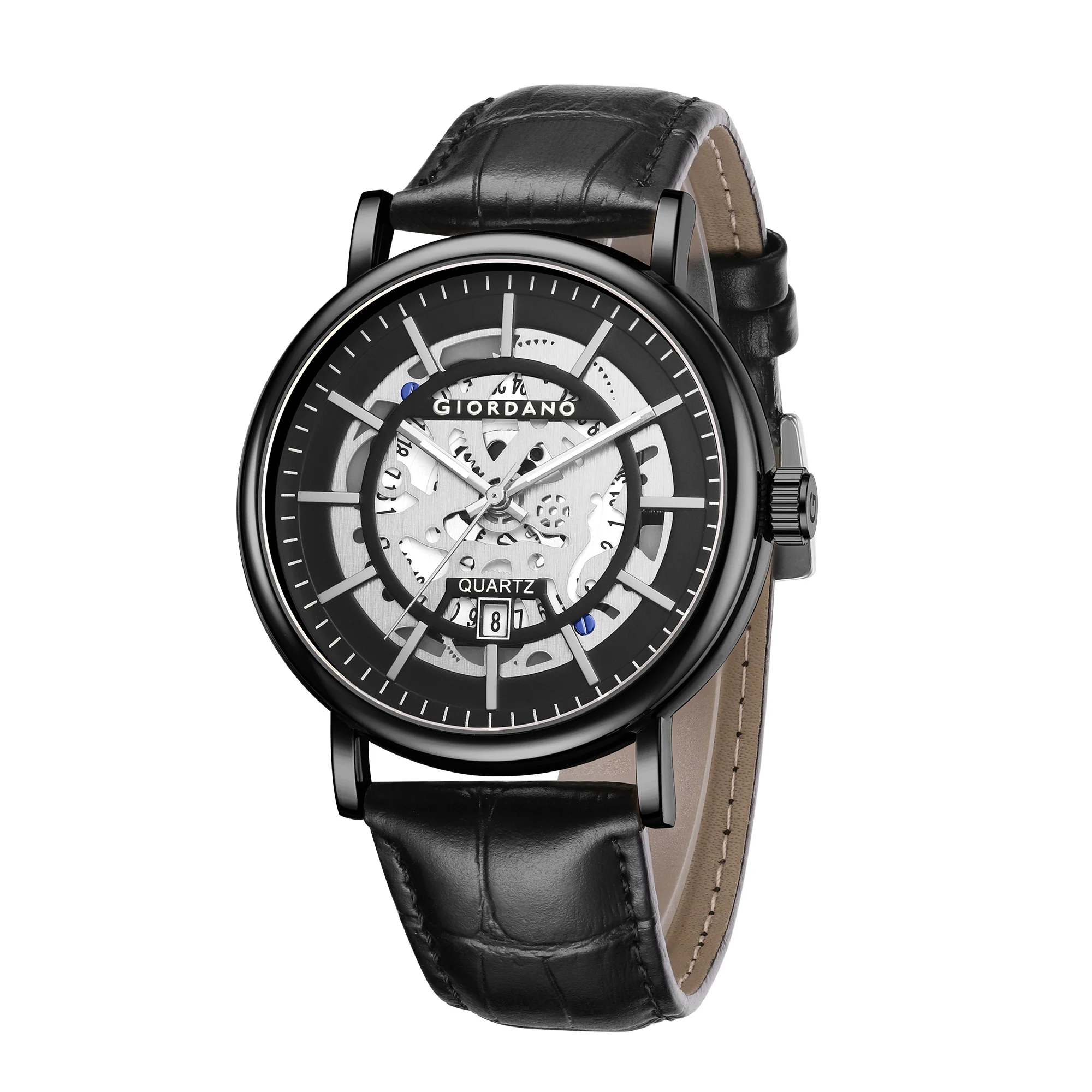 Giordano Analog Quartz Watch for Men with Skeleton Round Black Dial, Date Function, Luminous Hands and Markers, Black Leather Strap - GZ-50182-01 - Image 5