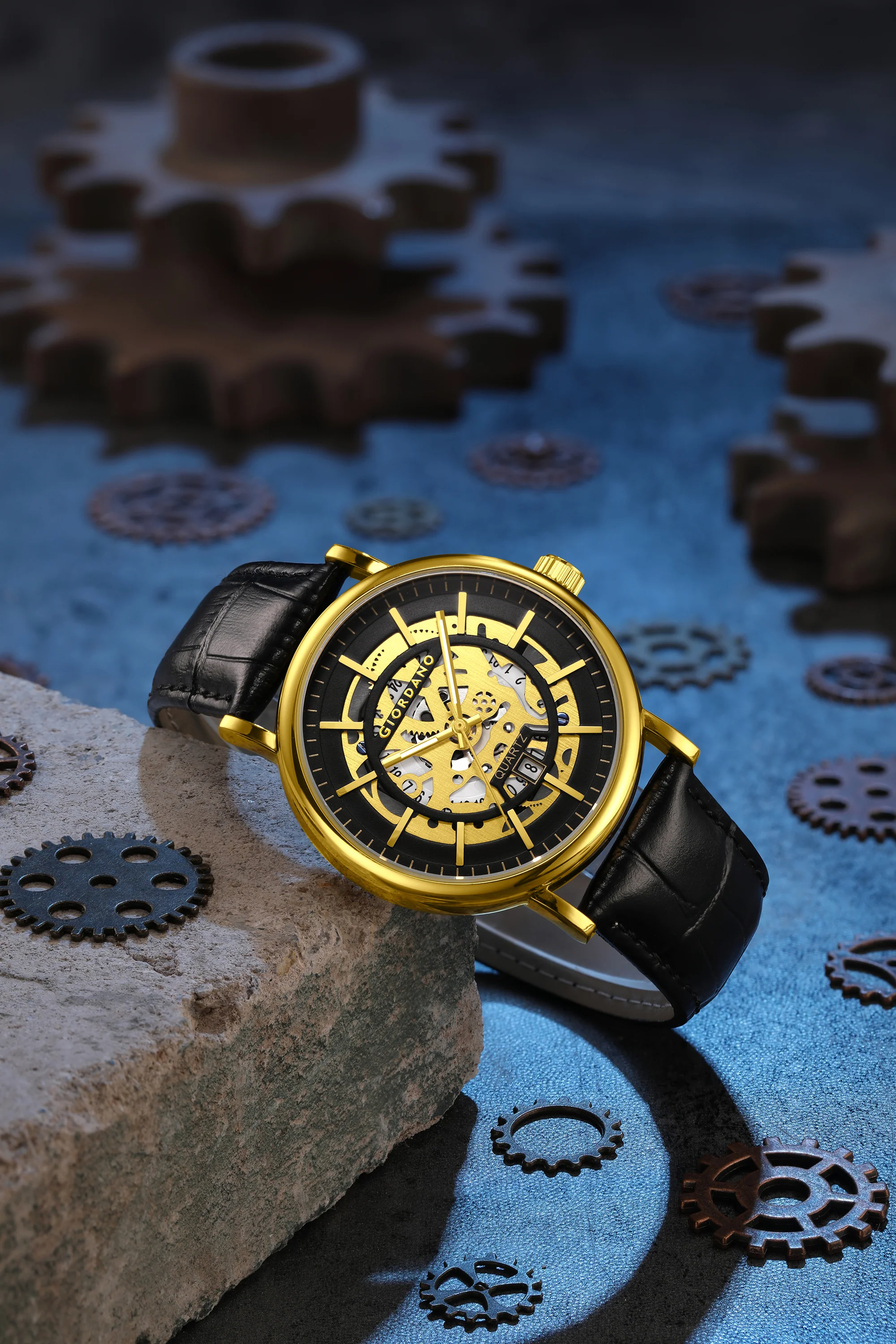 Giordano Analog Quartz Watch for Men with Skeleton Round Black Dial, Date Function, Luminous Hands and Markers, Black Leather Strap - GZ-50182-02 - Image 3