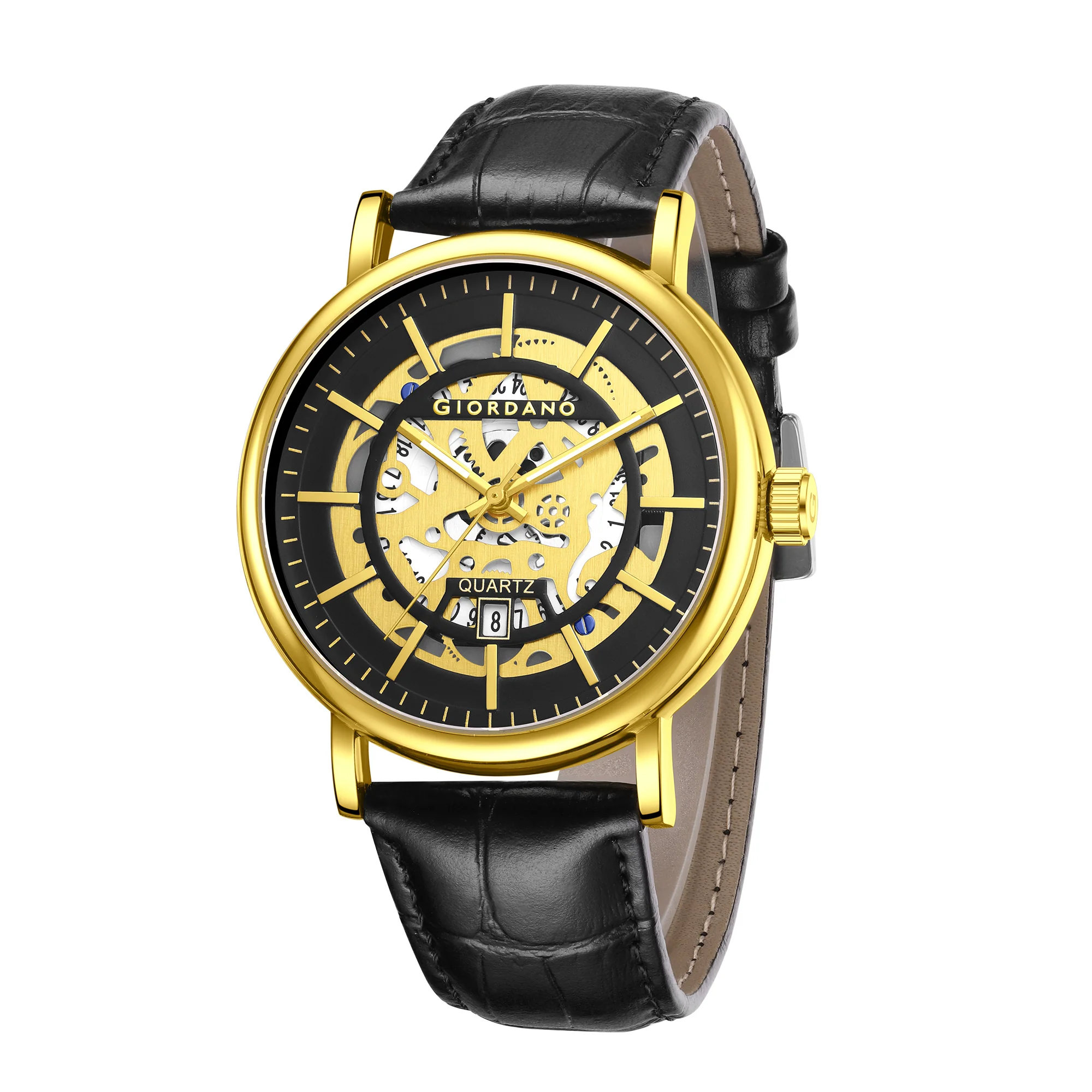 Giordano Analog Quartz Watch for Men with Skeleton Round Black Dial, Date Function, Luminous Hands and Markers, Black Leather Strap - GZ-50182-02 - Image 5