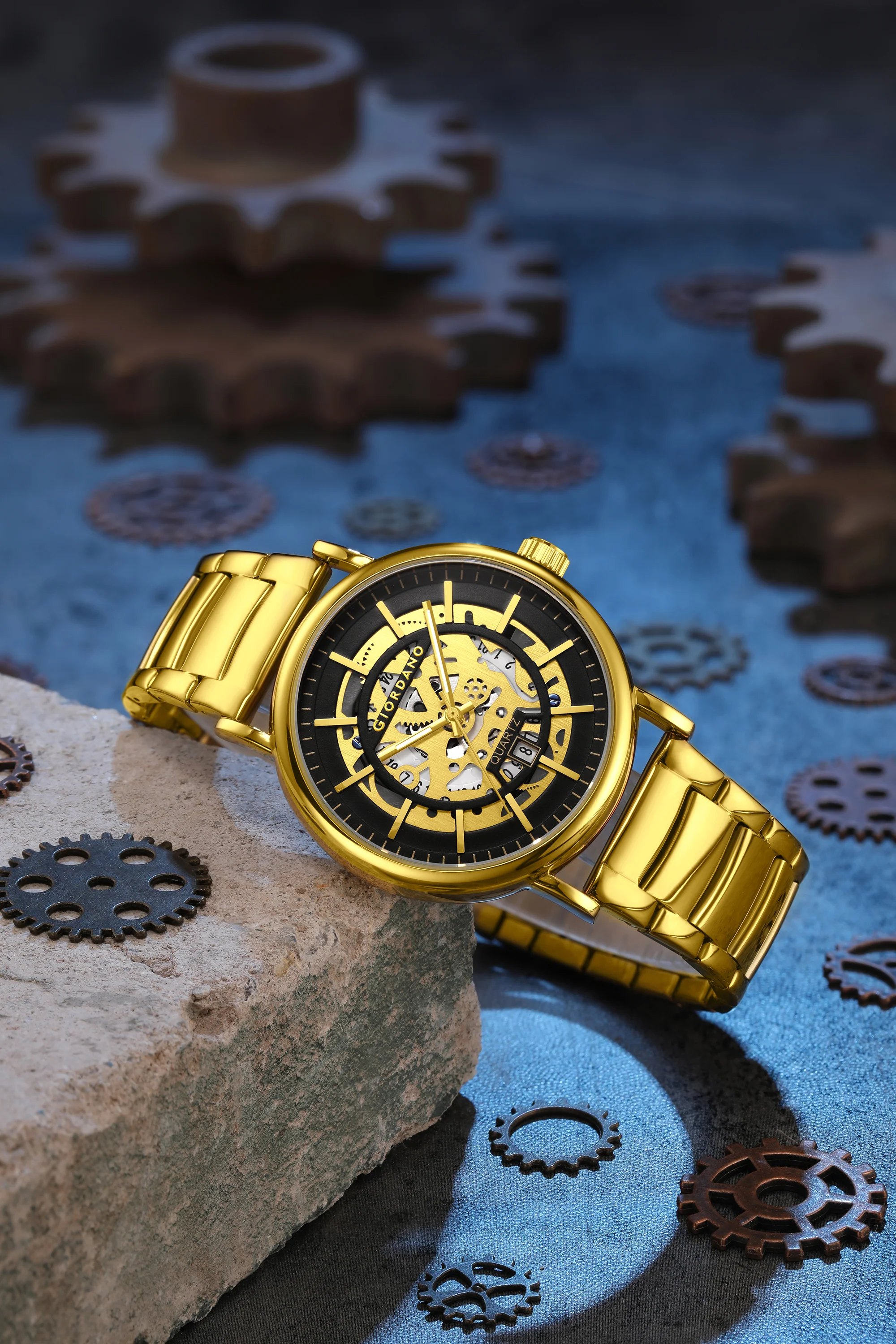 Giordano Analog Quartz Watch for Men with Skeleton Round Black Dial, Date Function, Luminous Hands and Markers, Gold Stainless Steel Strap - GZ-50182-33 - Image 3