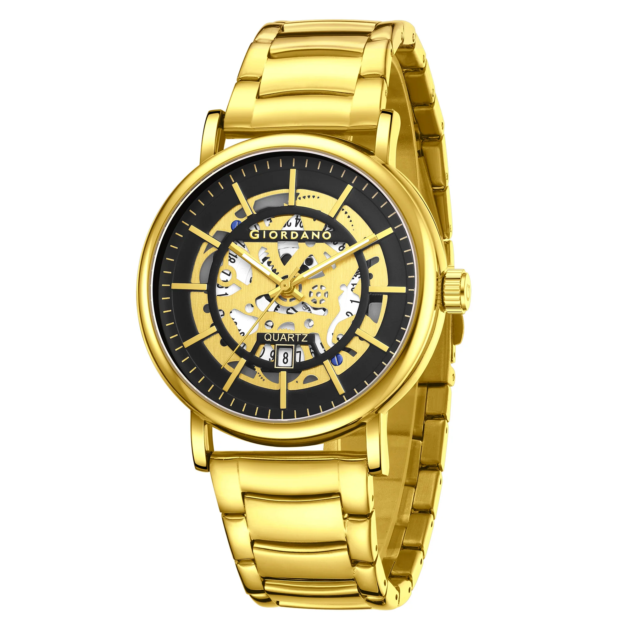 Giordano Analog Quartz Watch for Men with Skeleton Round Black Dial, Date Function, Luminous Hands and Markers, Gold Stainless Steel Strap - GZ-50182-33 - Image 5