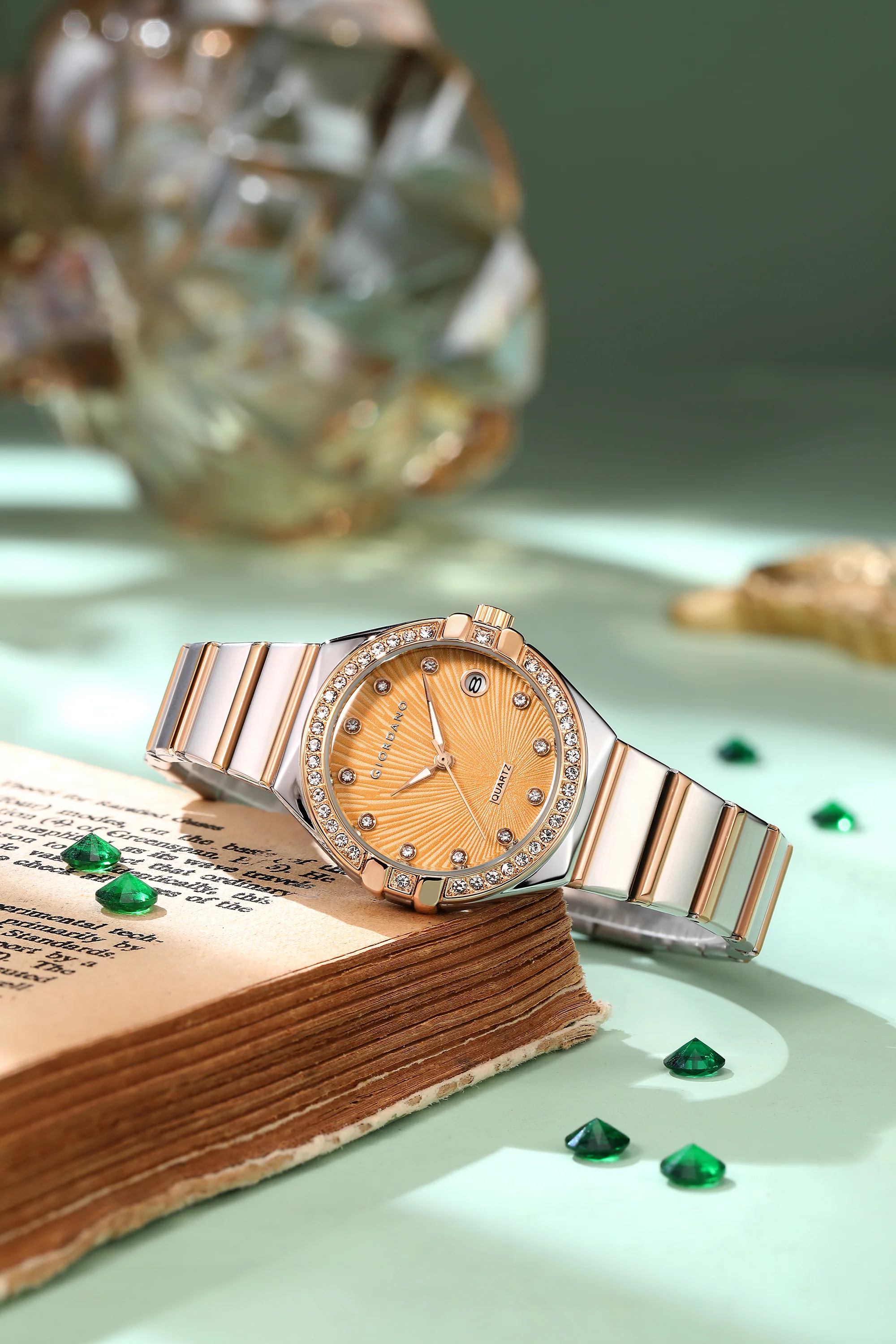 Giordano Analog Quartz Watch for Women with Crystal-Encrusted Bezel, Sunray Textured Dial, Date Display and Two-Tone Stainless Steel Strap GZ-60145-33