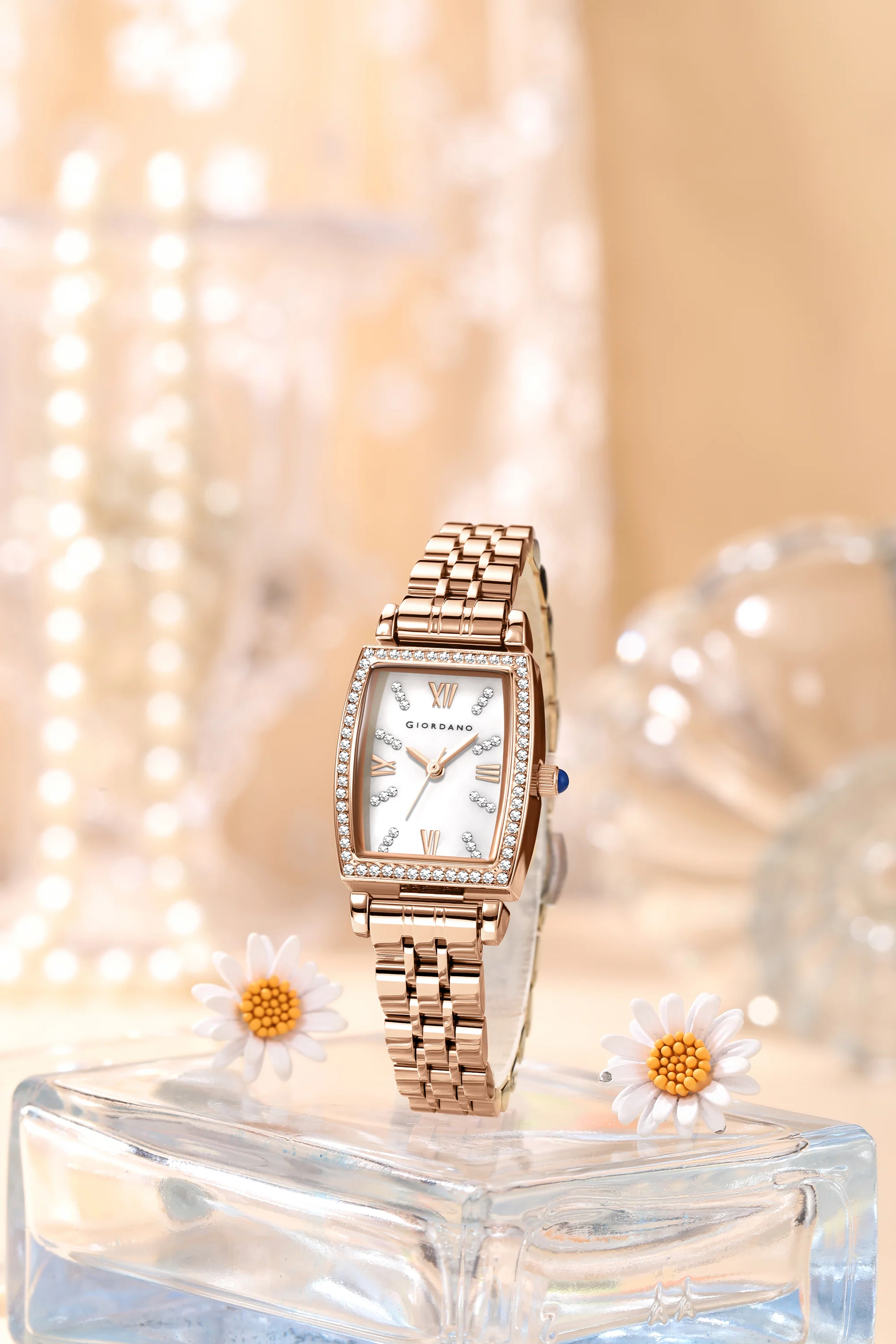 Giordano Analog Quartz Watch for Women with Rectangular Dial, Crystal Studded Bezel, Roman Numeral Markers and Stainless Steel Strap GZ-60130-22