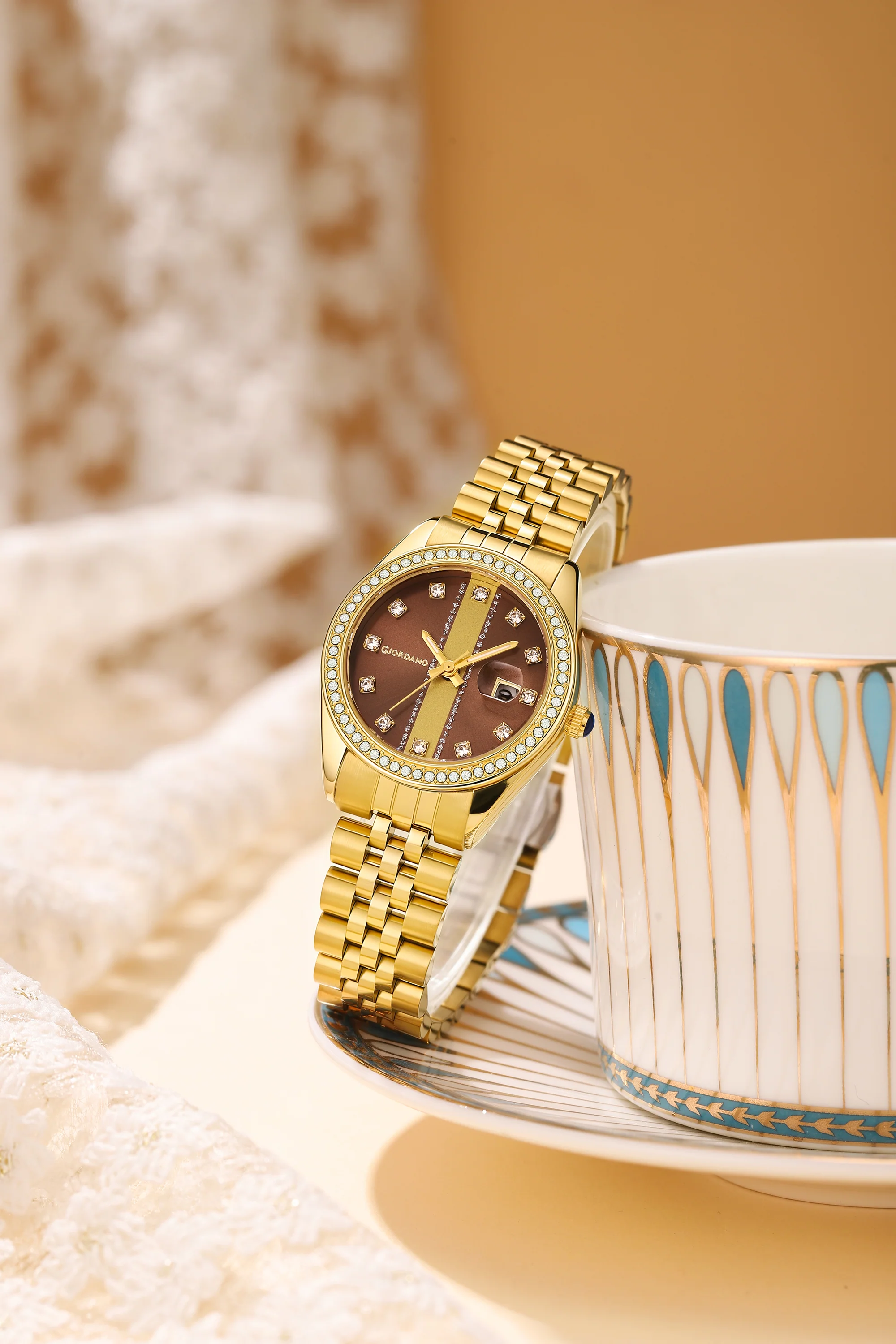 Giordano Analog Quartz Watch for Women with Round Brown Dial, Crystal Studded Bezel, Date Function, Blue Crown, Luminous Hands and Crystal Hour Markers, Gold Stainless Steel Strap - GZ-60151-44
