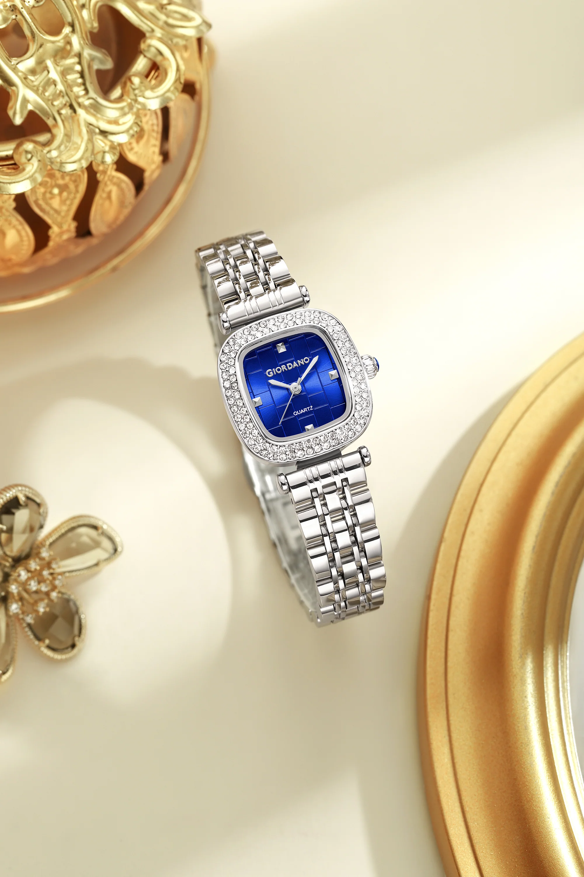 Giordano Analog Quartz Watch for Women with Textured Square Blue Dial, Crystal Studded Bezel, Blue Crown, Silver Stainless Steel Strap - GZ-60165-44