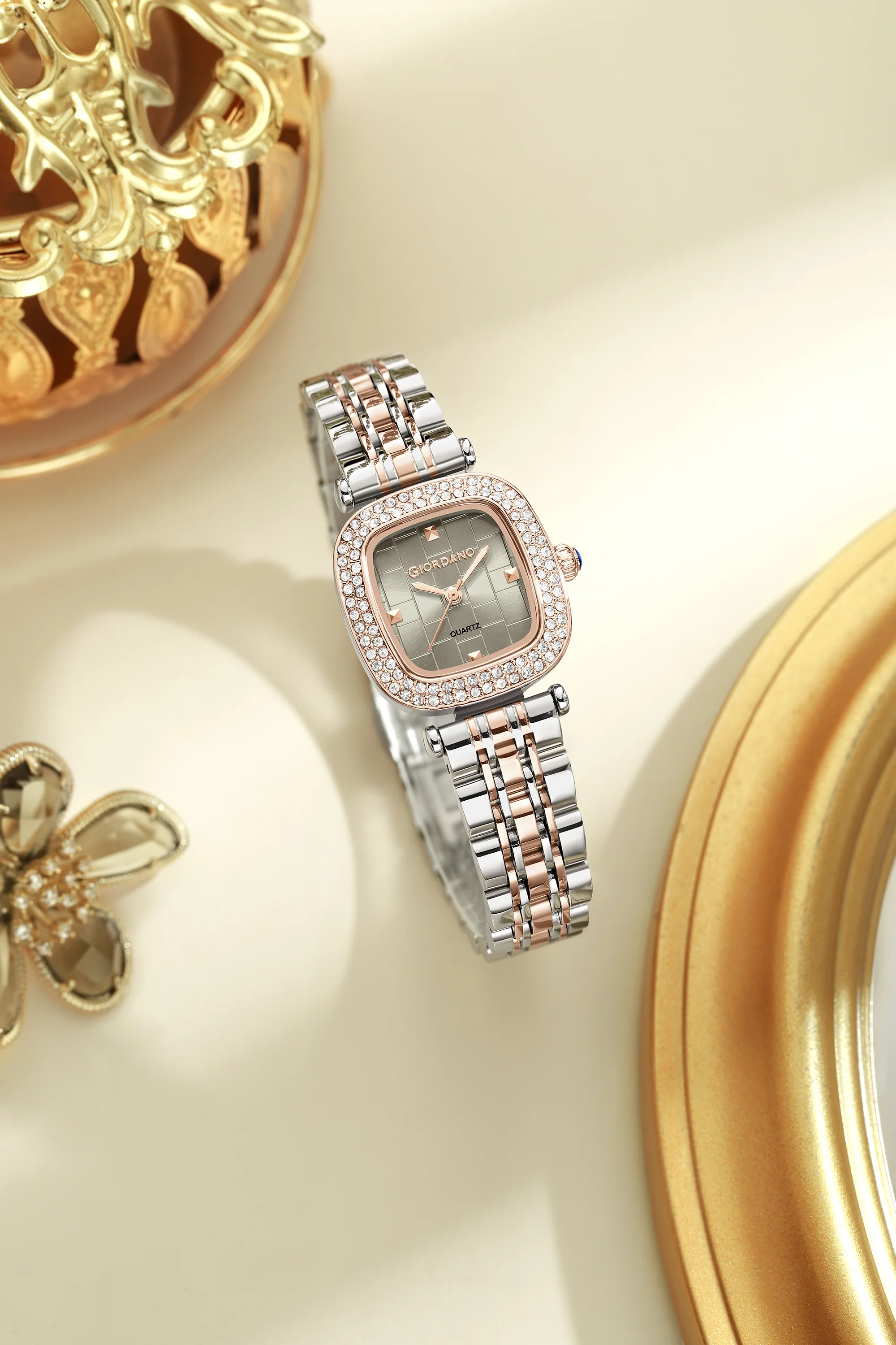 Giordano Analog Quartz Watch for Women with Textured Square Grey Dial, Crystal Studded Bezel, Blue Crown, Silver and Rose Gold Stainless Steel Strap - GZ-60165-88