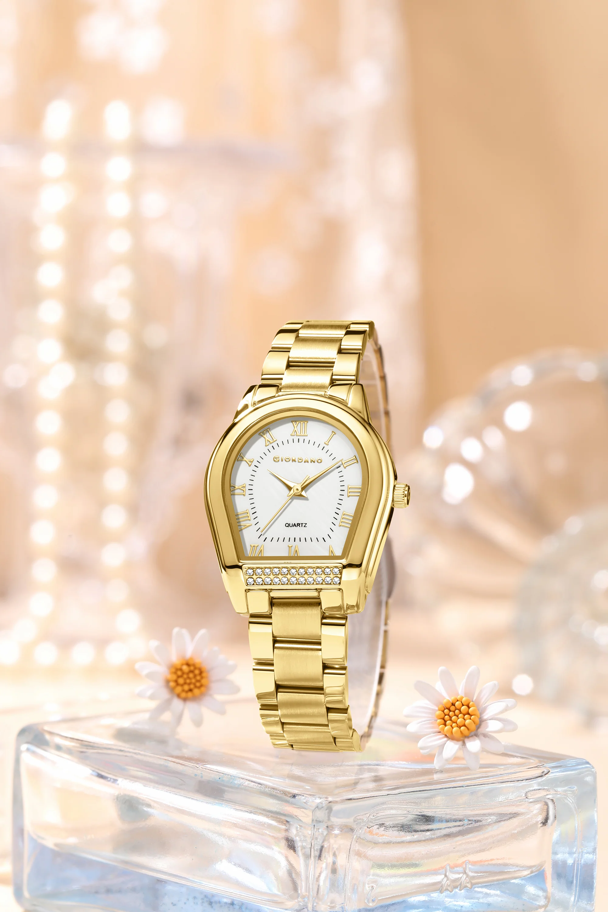 Giordano Analog Quartz Watch for Women with Tonneau-Shaped Mother-of-Pearl Dial, Roman Numeral Markers, Crystal Detail and Stainless Steel Strap GZ-60136-33