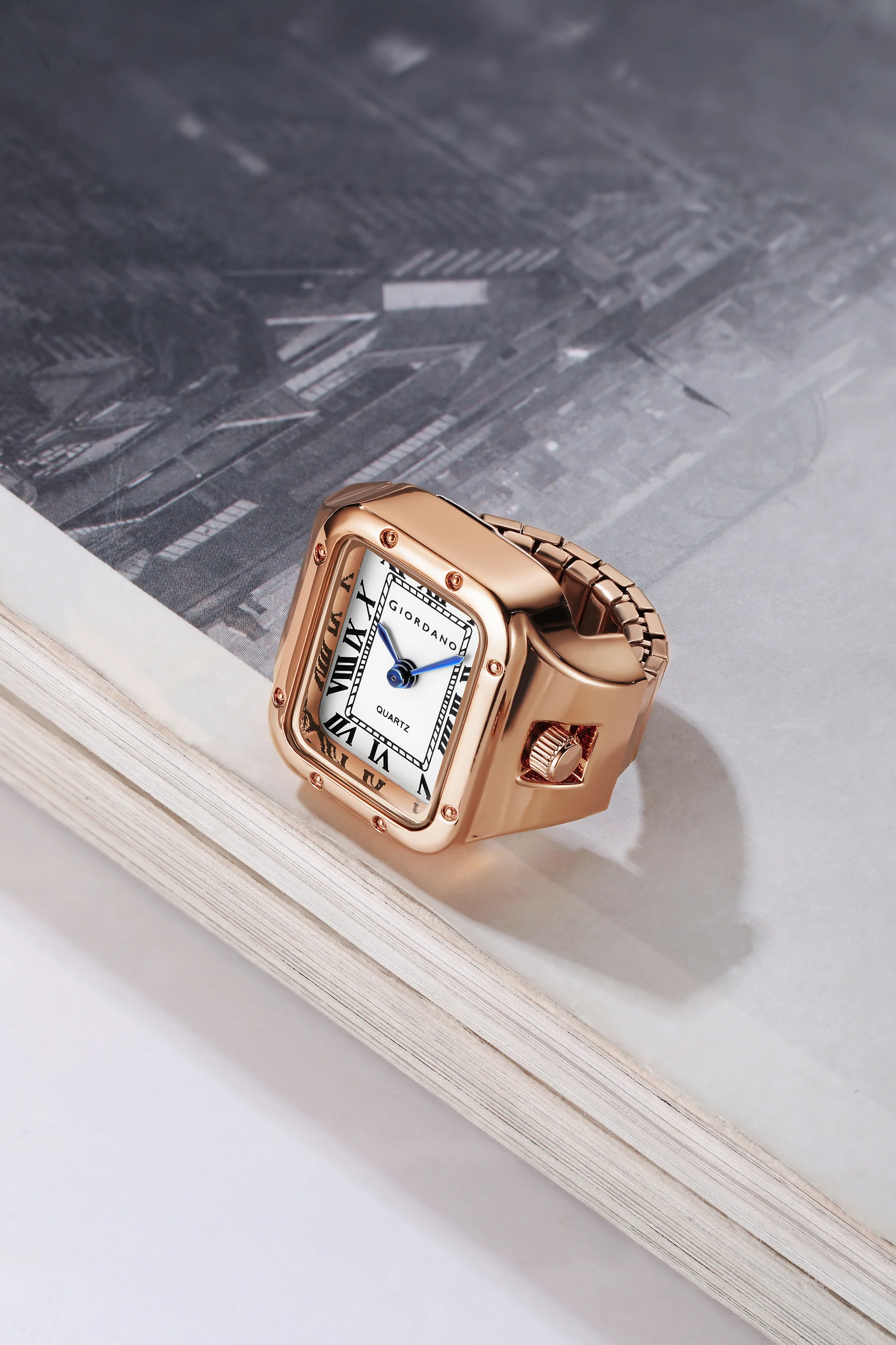 Giordano Analog Ring Watch for Women with Rectangular White Dial, Roman Numeral Markers, Blue Hands, Quartz Movement and Rose Gold-Tone Stainless Steel Case - GZ-60186-22 - Image 3
