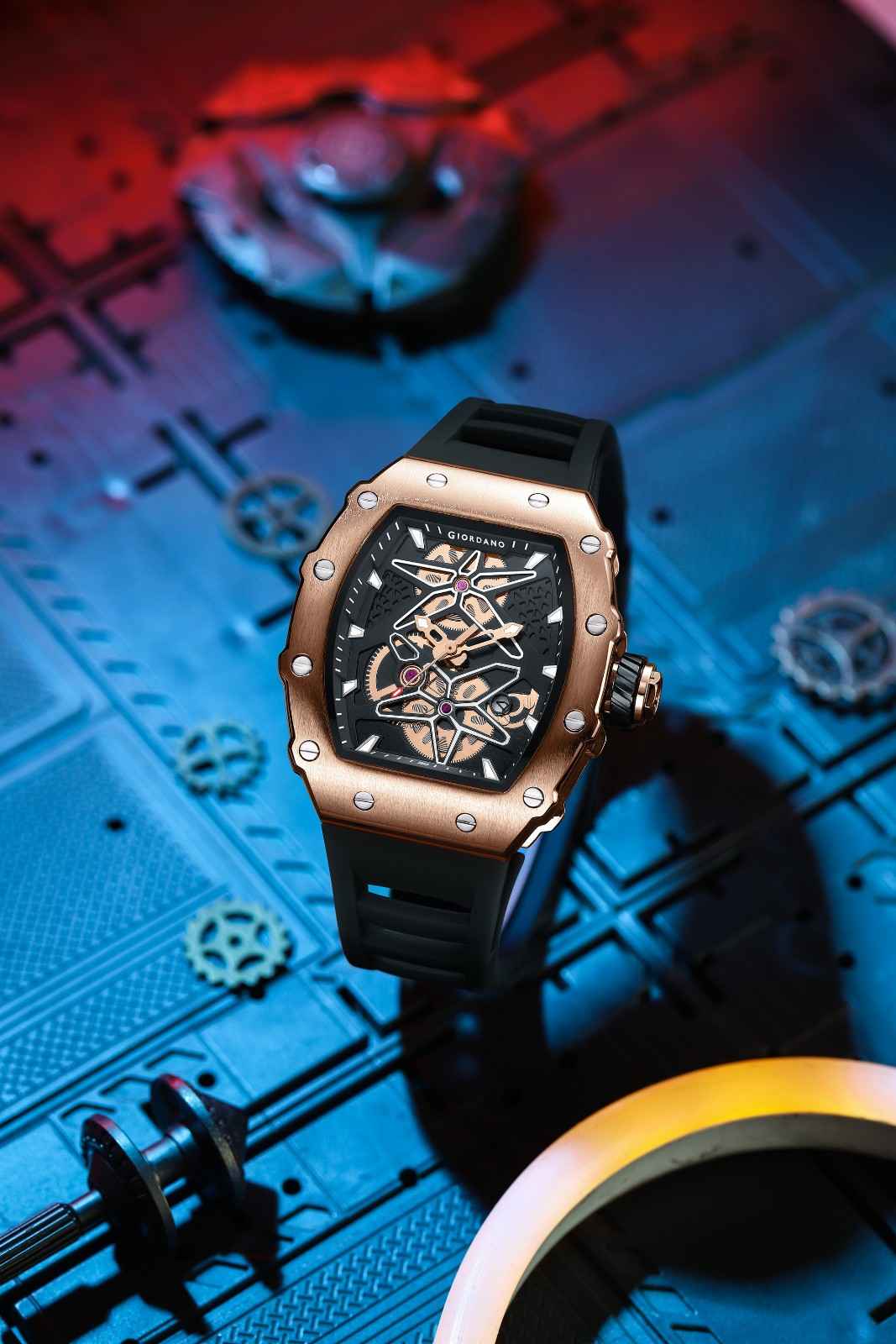 Giordano Analog Skeleton Dial Watch for Men – Tonneau Case, Silicone Strap, Open-Gear Sport Design, Quartz Movement - GZ-50188-33 - Image 3