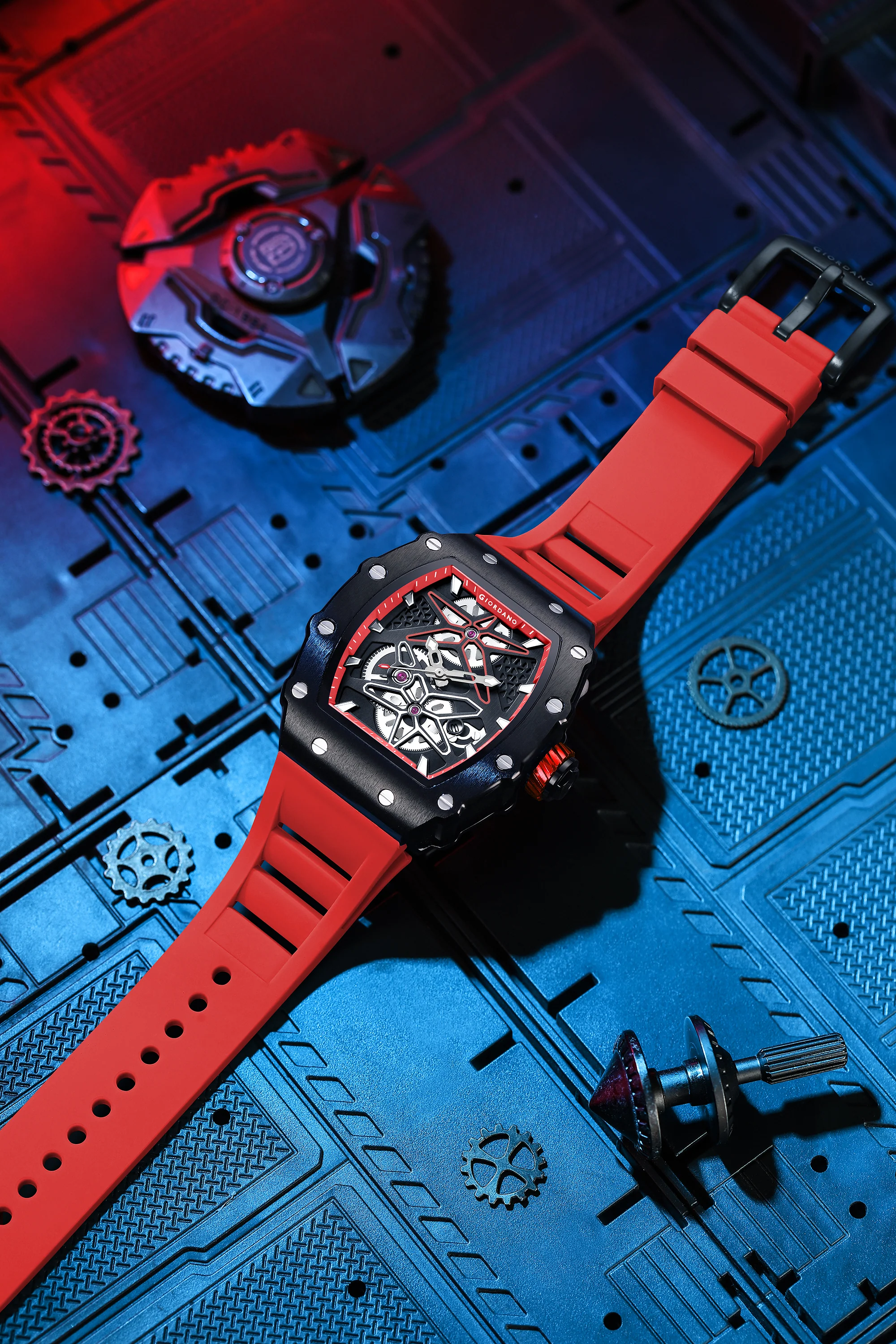 Giordano Analog Skeleton Dial Watch for Men – Tonneau Case, Silicone Strap, Open-Gear Sport Design, Quartz Movement - GZ-50188-66 - Image 3