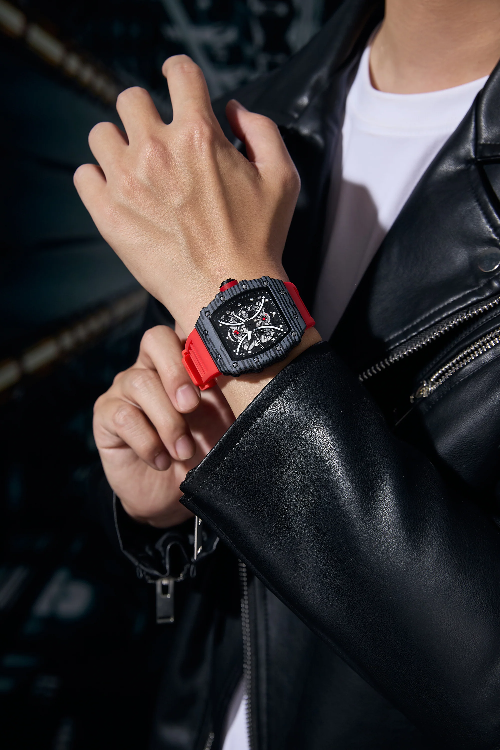 Giordano Analog Square Watch for Men with Skeleton Design, Rugged Textured Case, Luminous Hands, and Silicone Strap - GZ-50180-33 - Image 2