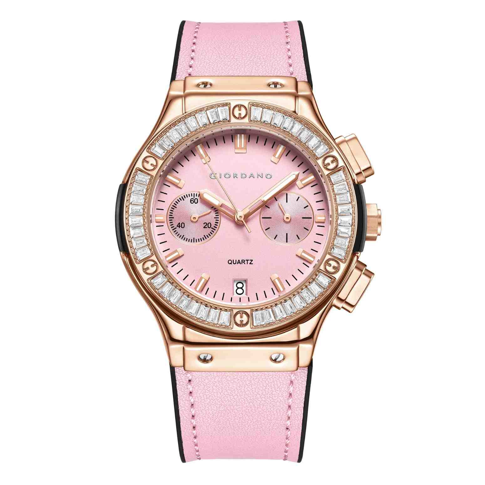 Giordano analog Watch for Women – Round Dial, Leather Strap, Crystal-Studded Bezel with Quartz Movement-GZ-60093-04 - Image 4