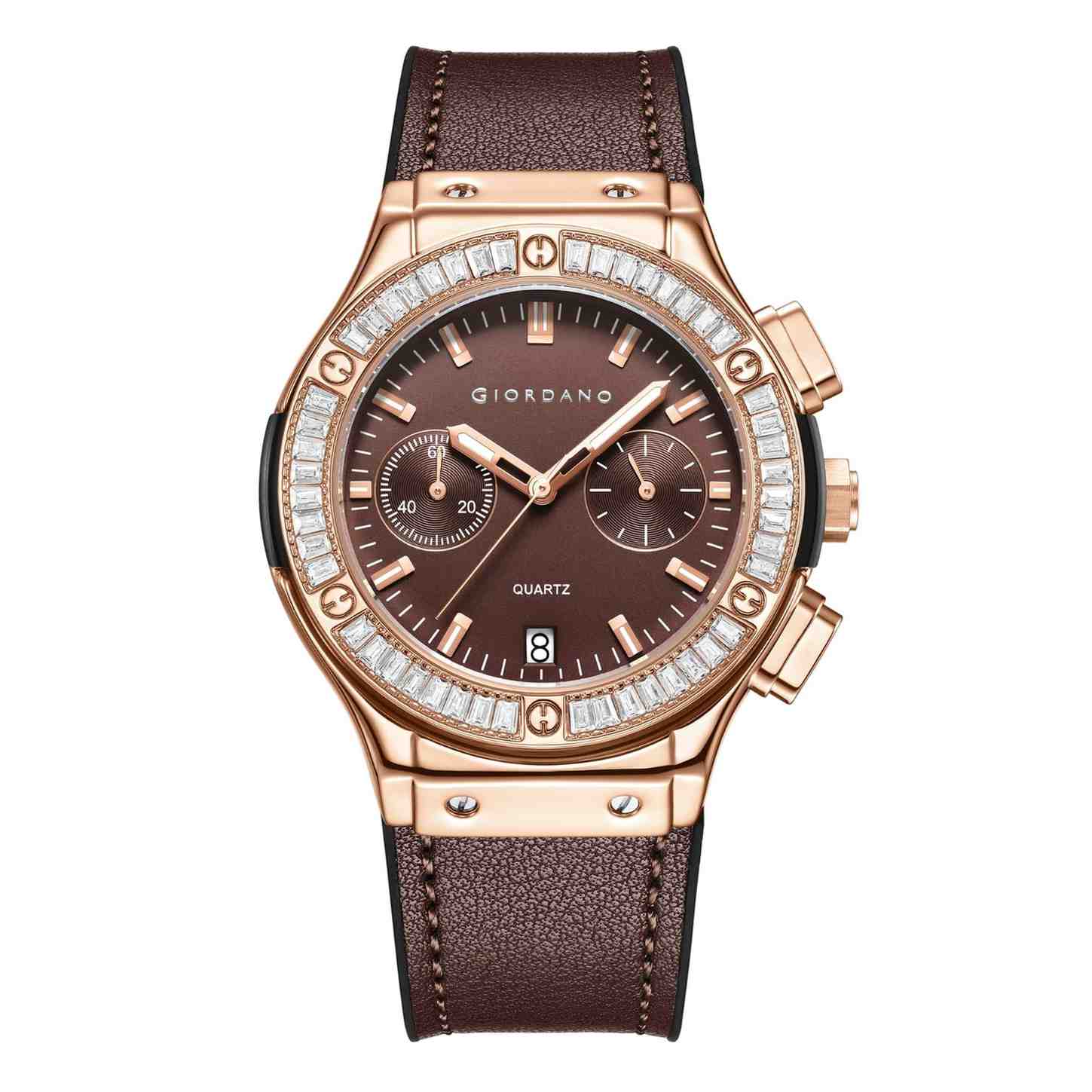 Giordano analog Watch for Women – Round Dial, Leather Strap, Crystal-Studded Bezel with Quartz Movement-GZ-60093-05 - Image 4
