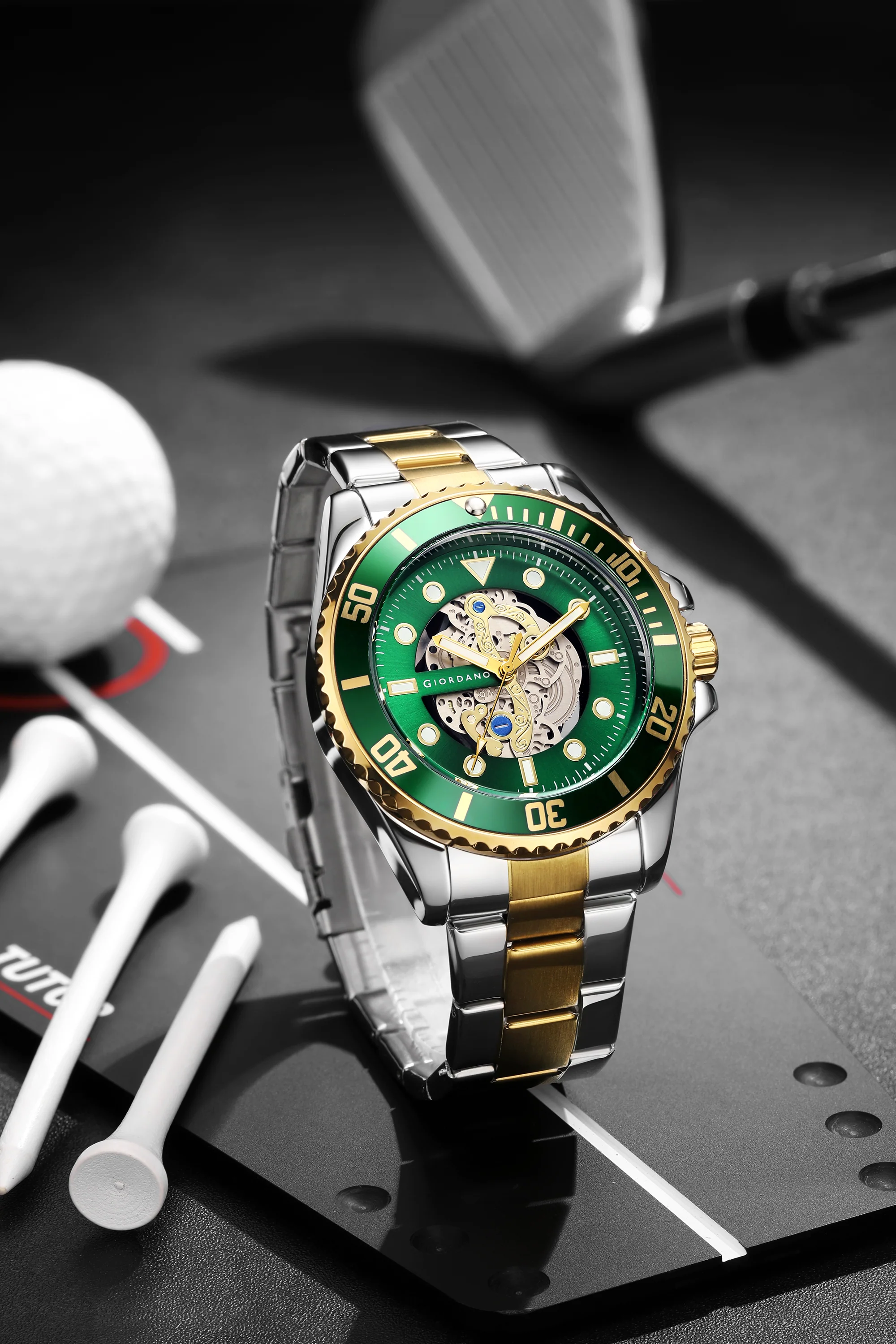 Giordano analog Watch for men– Skeleton Dial, Rotating Bezel, Two-Tone Stainless Steel Strap-GZ-50135-33