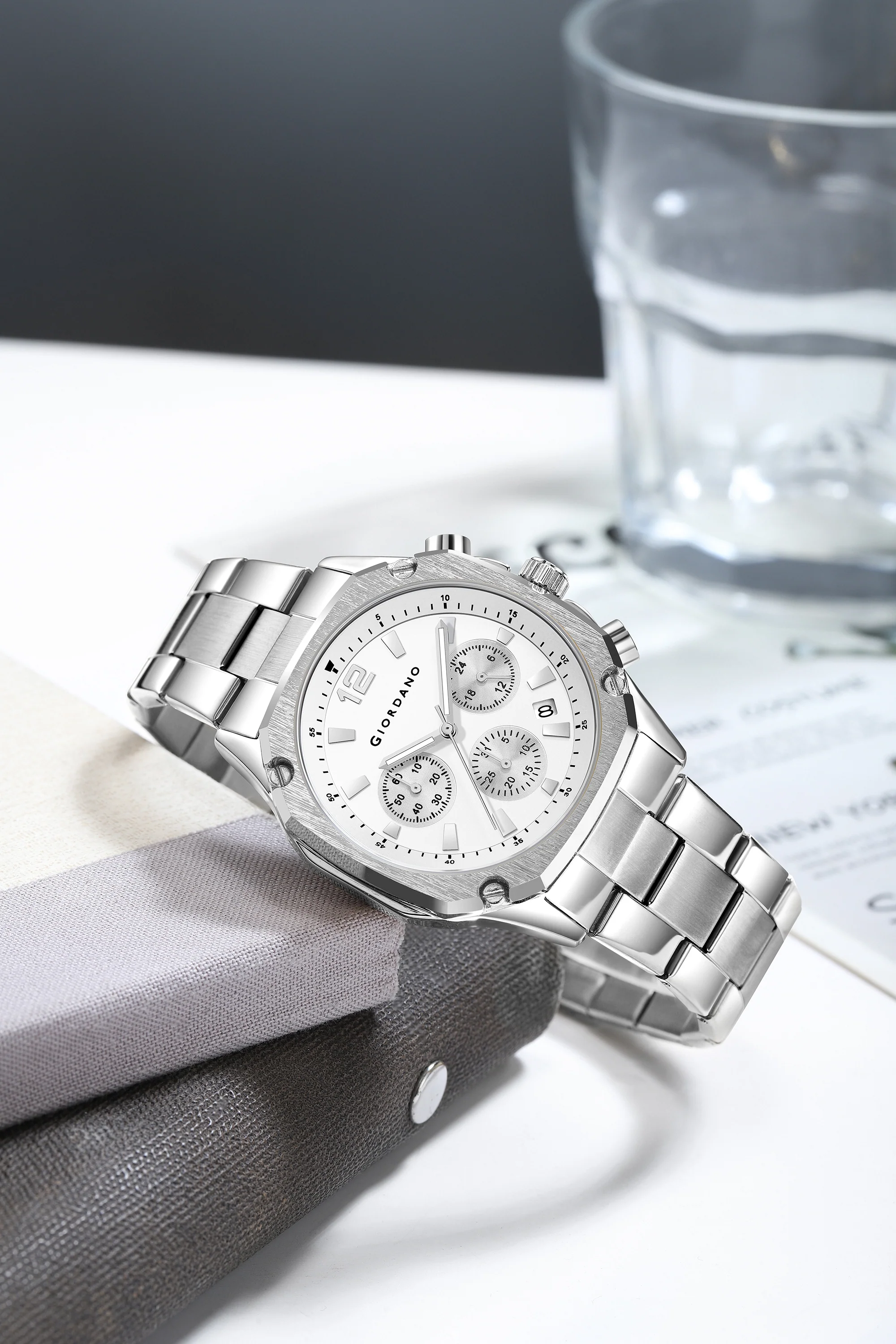 Giordano Analog Watch for Men with Chronograph Subdials, Round Silver Dial Date Window, Quartz Movement Silver Stainless Steel Strap GZ-50203-22