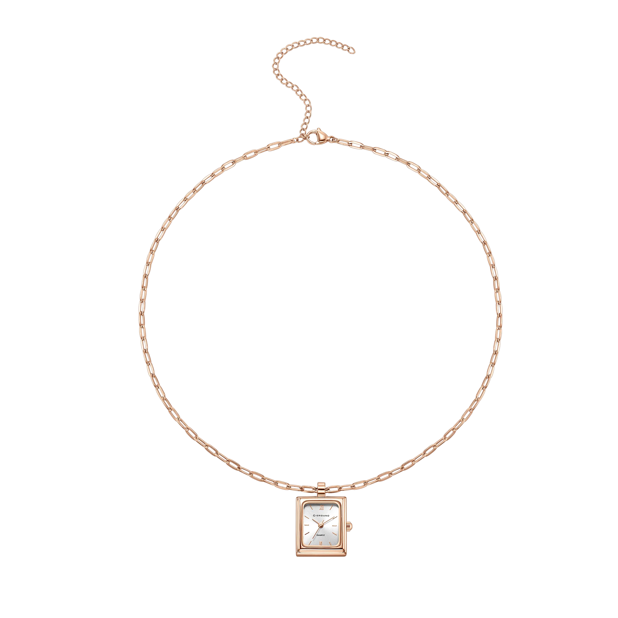 Giordano Analog Watch Pendant Necklace for Women with Rectangular Silver Dial, Roman Numeral Markers, Quartz Movement and Adjustable Rose Gold Chain - GZ-60185-22 - Image 4