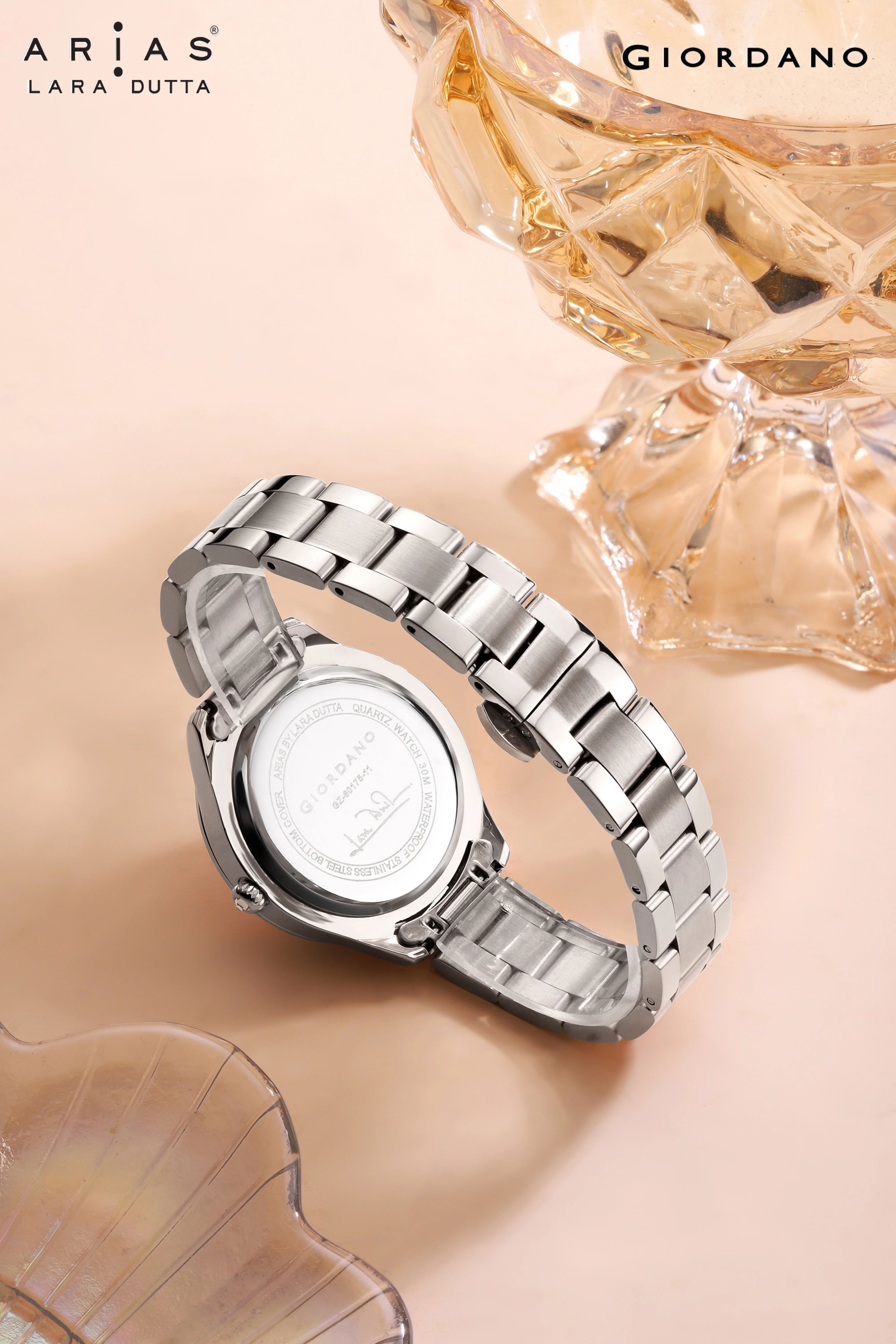 Giordano Arias by Lara Dutta Signature Collection Analog Quartz Watch for Women with Round Sunray Silver Dial, Crystal Hour Markers, Date Display & Silver Stainless Steel Strap - GZ-60175-11 - Image 3