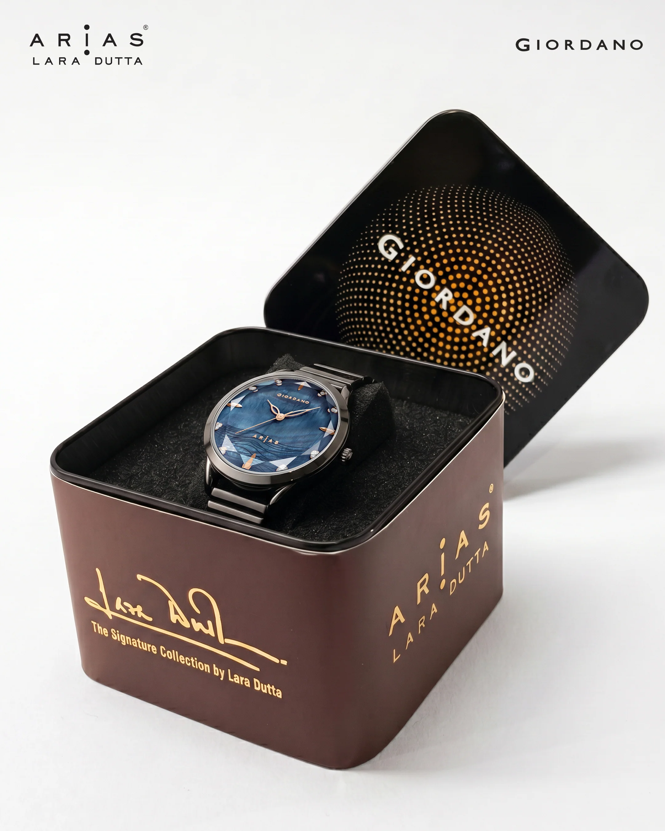 Giordano Arias by Lara Dutta Signature Collection Analog Quartz Watch for Women with Mother-of-Pearl Cut Glass Blue Dial, Crystal Hour Markers and Black Stainless Steel Strap GZ-60177-11 - Image 5
