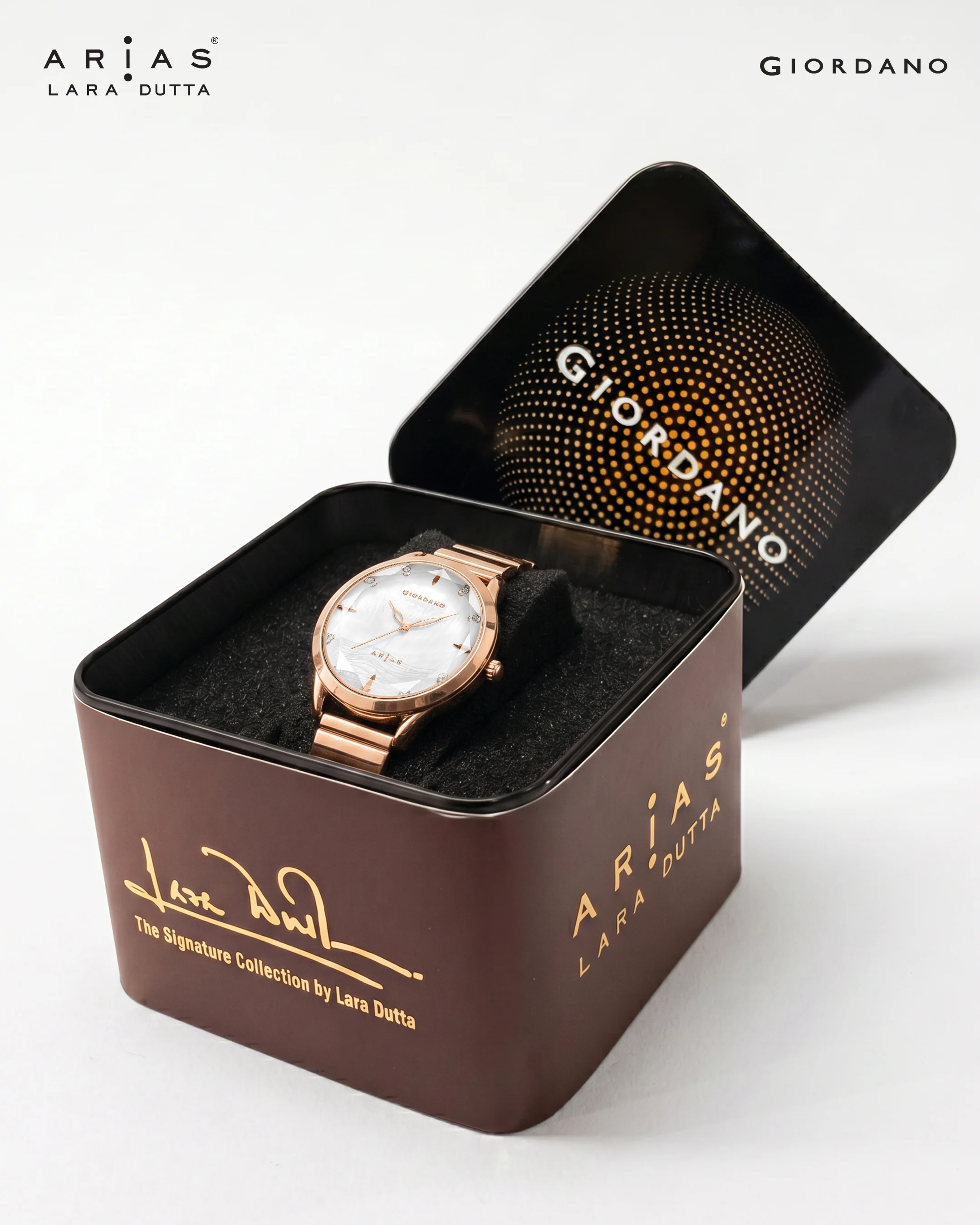 Giordano Arias by Lara Dutta Signature Collection Analog Quartz Watch for Women with Mother-of-Pearl Cut Glass White Dial, Crystal Hour Markers and Rose Gold Stainless Steel Strap GZ-60177-22 - Image 5