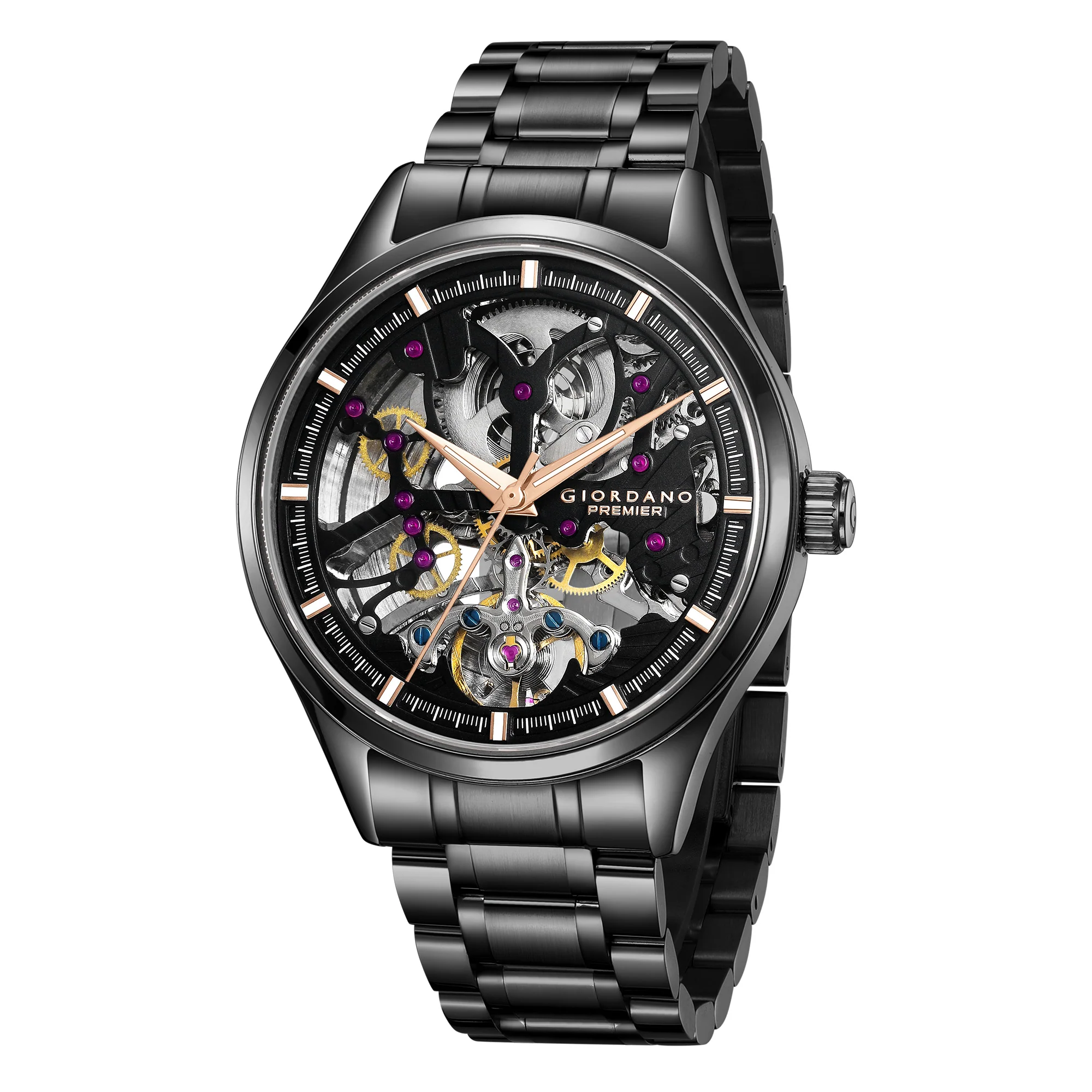 Giordano Automatic Watch for Men with Skeleton Round Black Dial, Luminous Hands and Markers, Black Stainless Steel Strap - GZ-50225-11 - Image 5