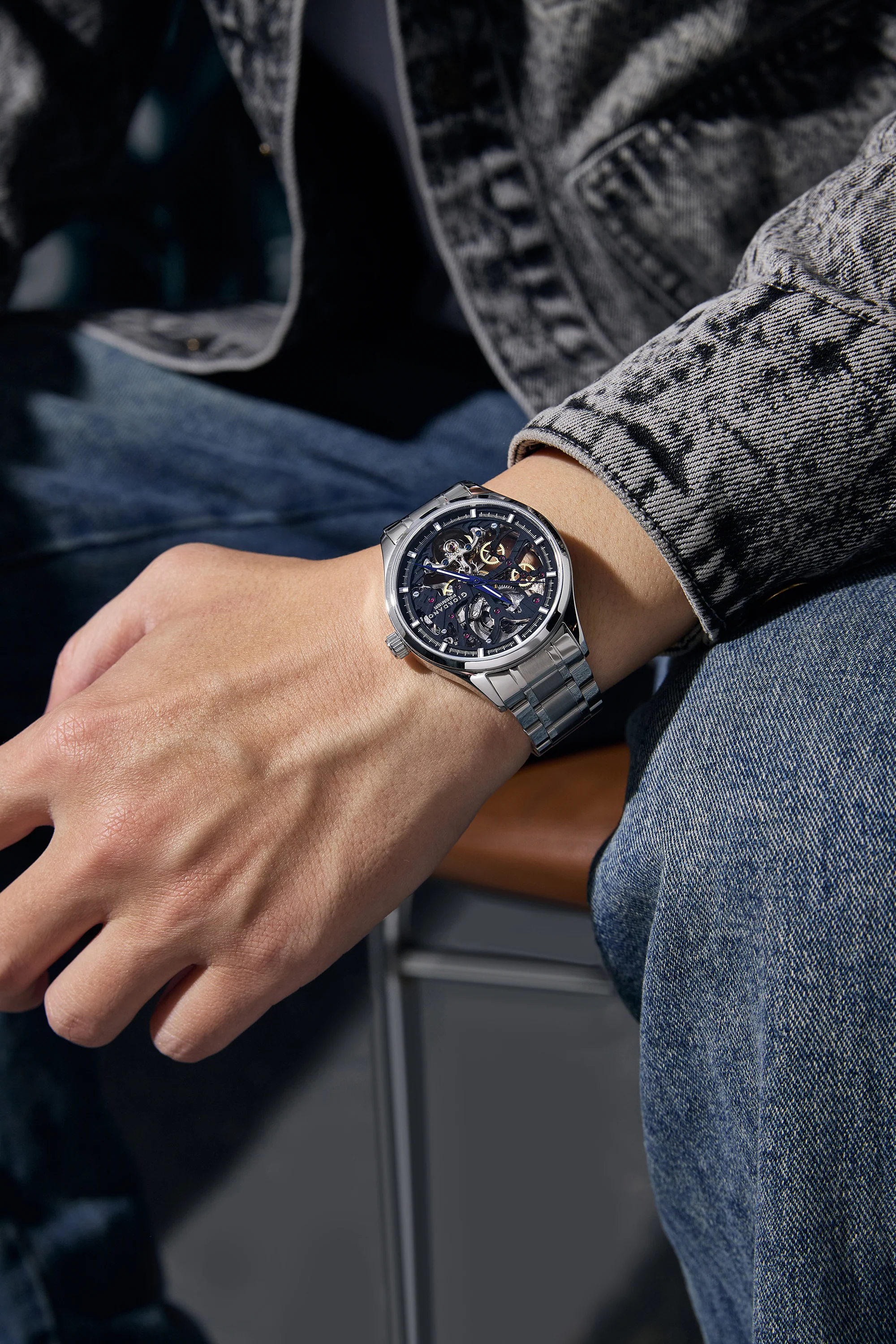Giordano Automatic Watch for Men with Skeleton Round Black Dial, Luminous Hands and Markers, Silver Stainless Steel Strap - GZ-50225-22 - Image 2