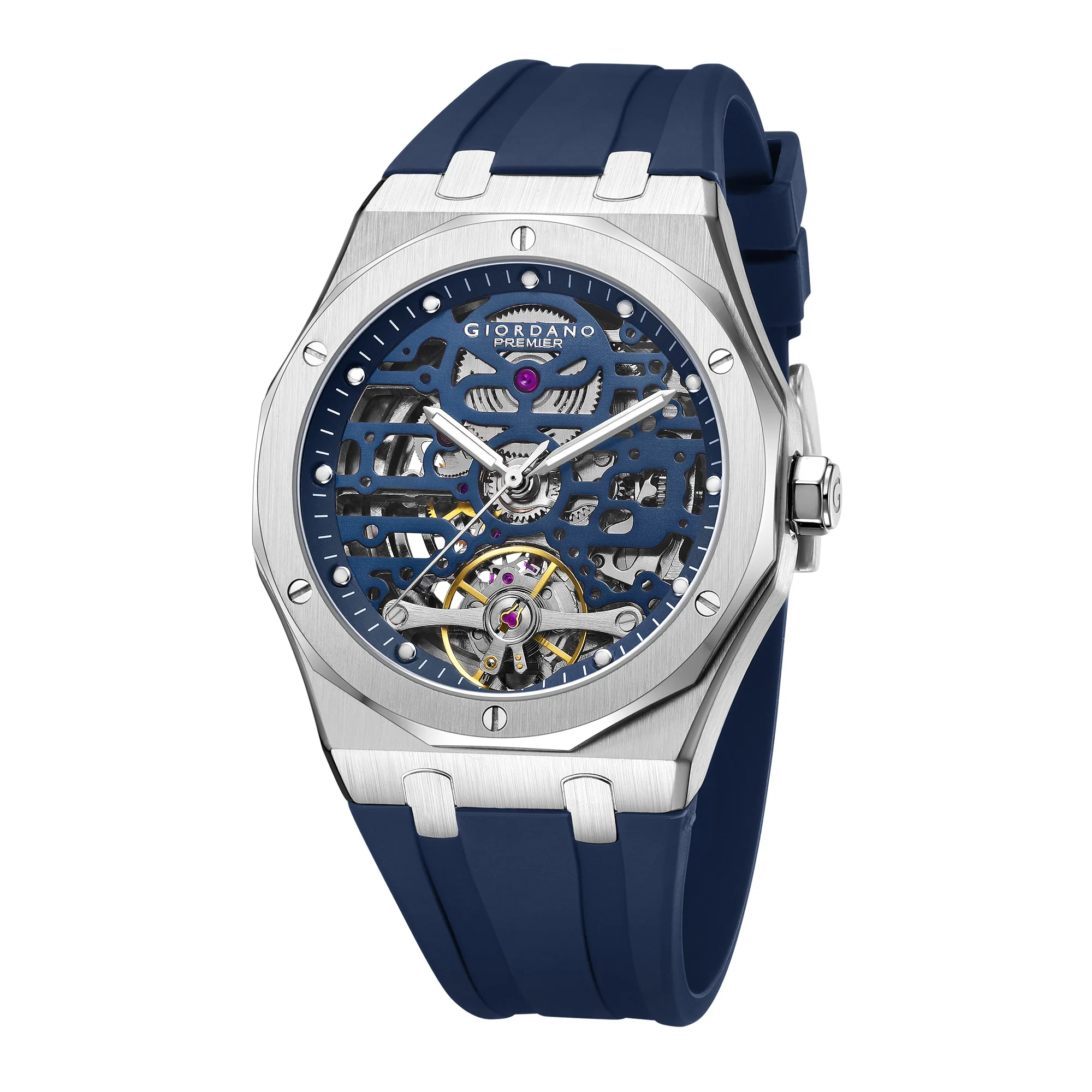 Giordano Automatic Watch for Men with Skeleton Round Blue Dial, Luminous Hands and Markers, Blue Silicone Strap - GZ-50224-03 - Image 5
