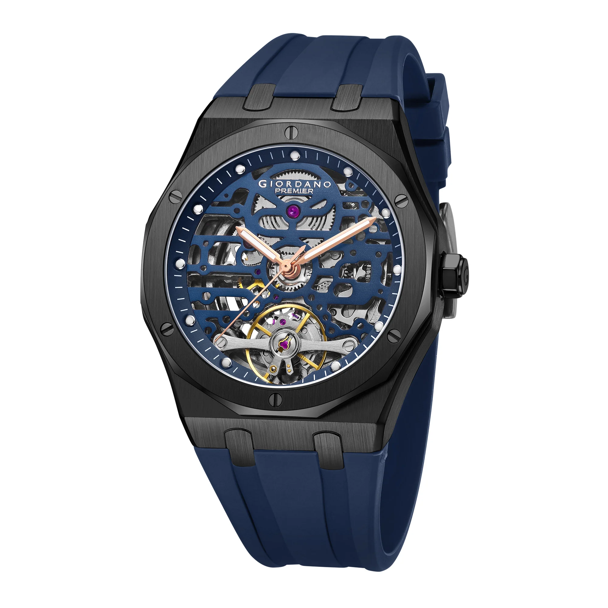 Giordano Automatic Watch for Men with Skeleton Round Blue Dial, Luminous Hands and Markers, Blue Silicone Strap - GZ-50224-04 - Image 5