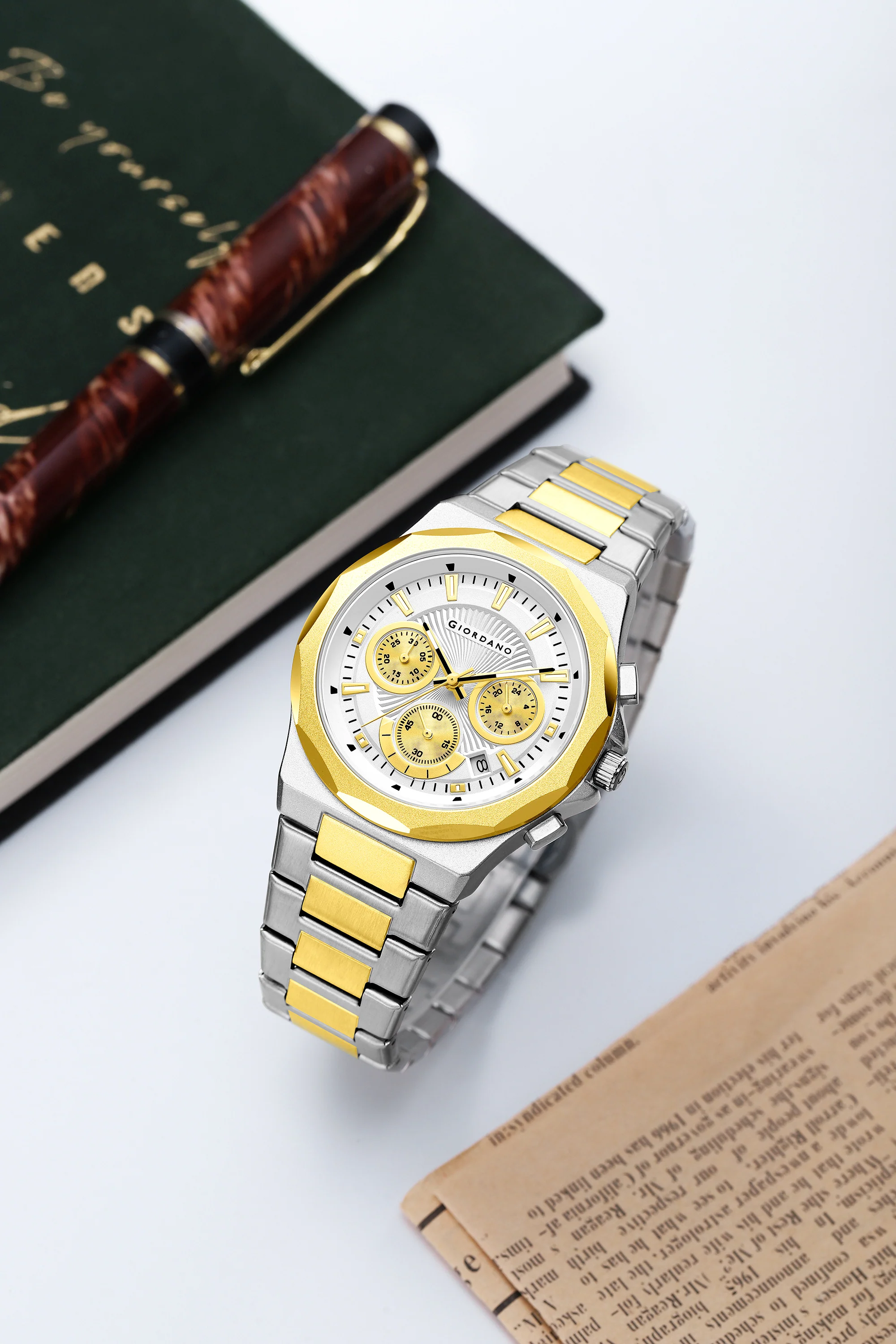 Giordano Chronograph Analog Quartz Watch for Men with Textured Round White Dial, Date Function, Luminous Hands and Markers, Silver and Gold Stainless Steel Strap - GZ-50199-55
