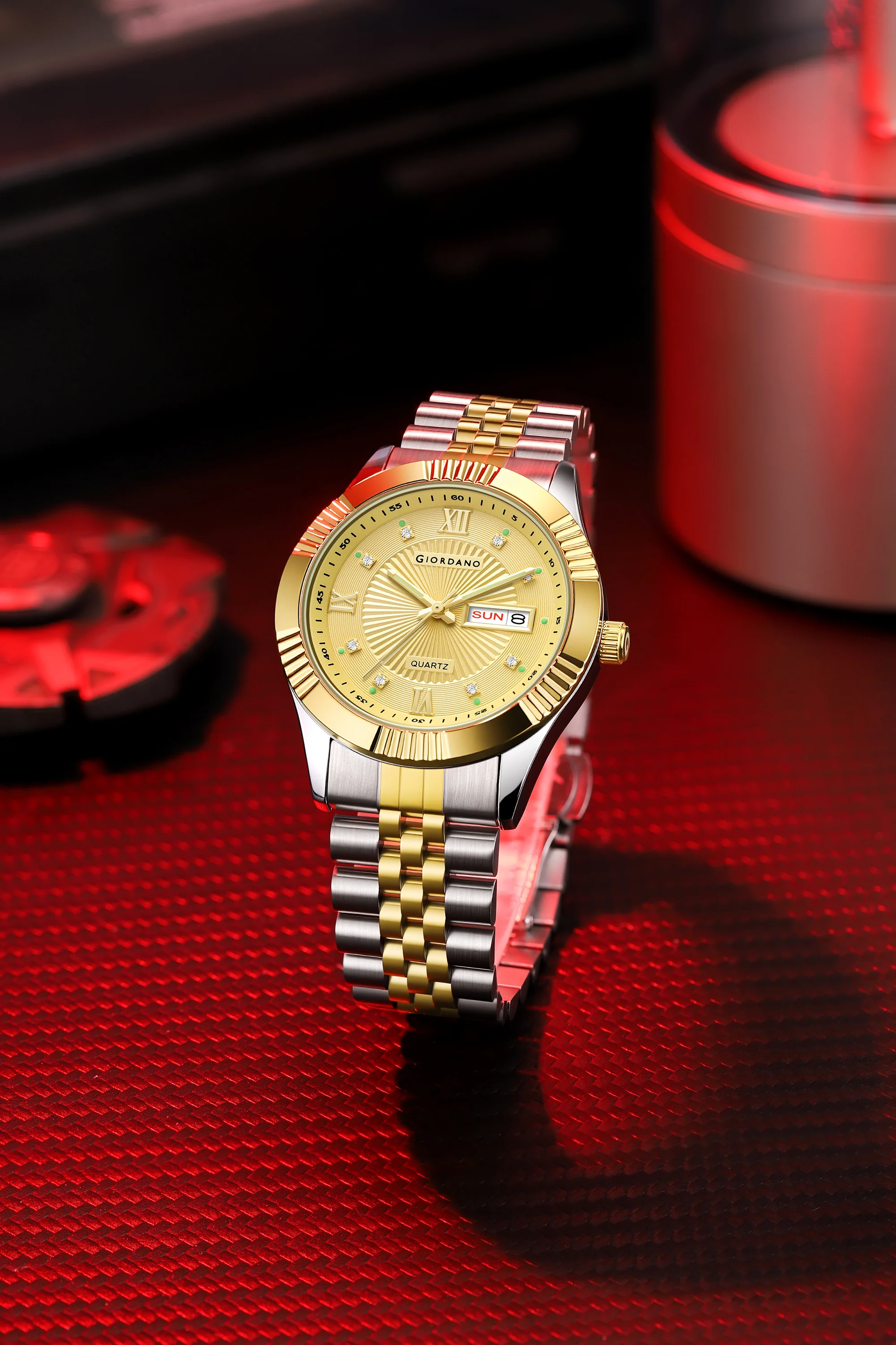 Giordano Classic Analog Quartz Watch for Men with Textured Dial, Fluted Bezel, Day & Date Display & Two-Tone Stainless Steel Strap - GZ-50215-22