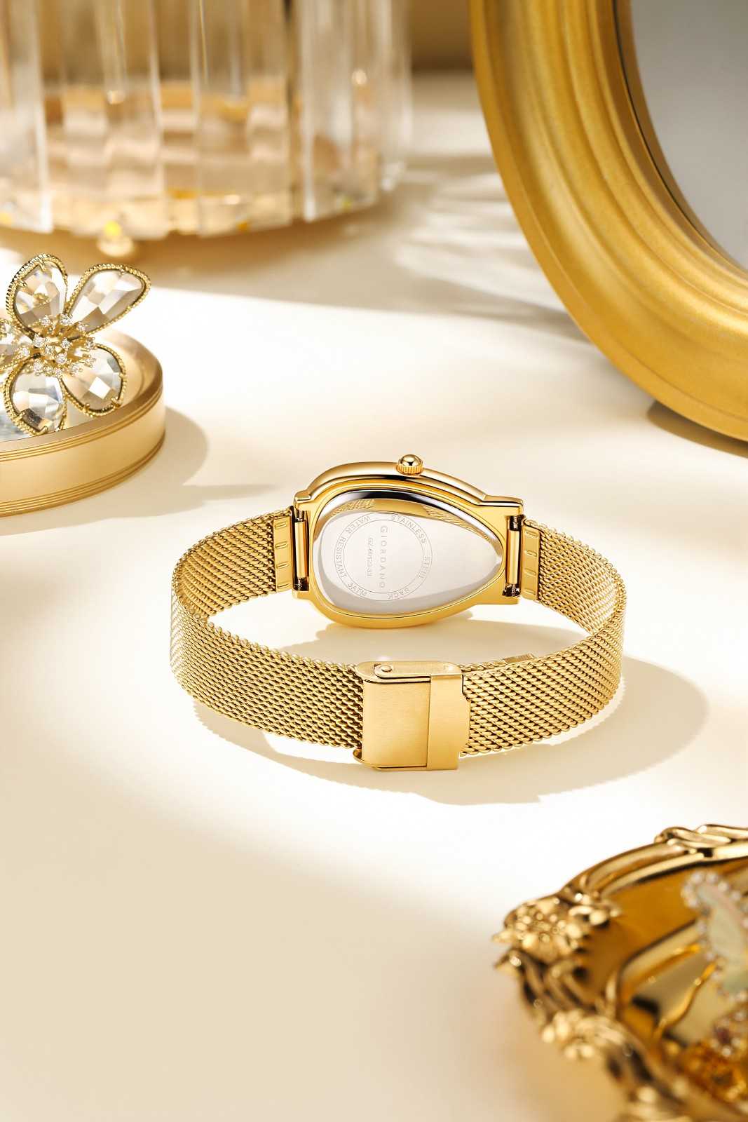 GIORDANO Elegant Analog Watch for Women | Textured Teardrop Dial, Crystal-Studded Oval Case Bezel & Stainless Steel Mesh Strap - GZ-60123-33 - Image 4