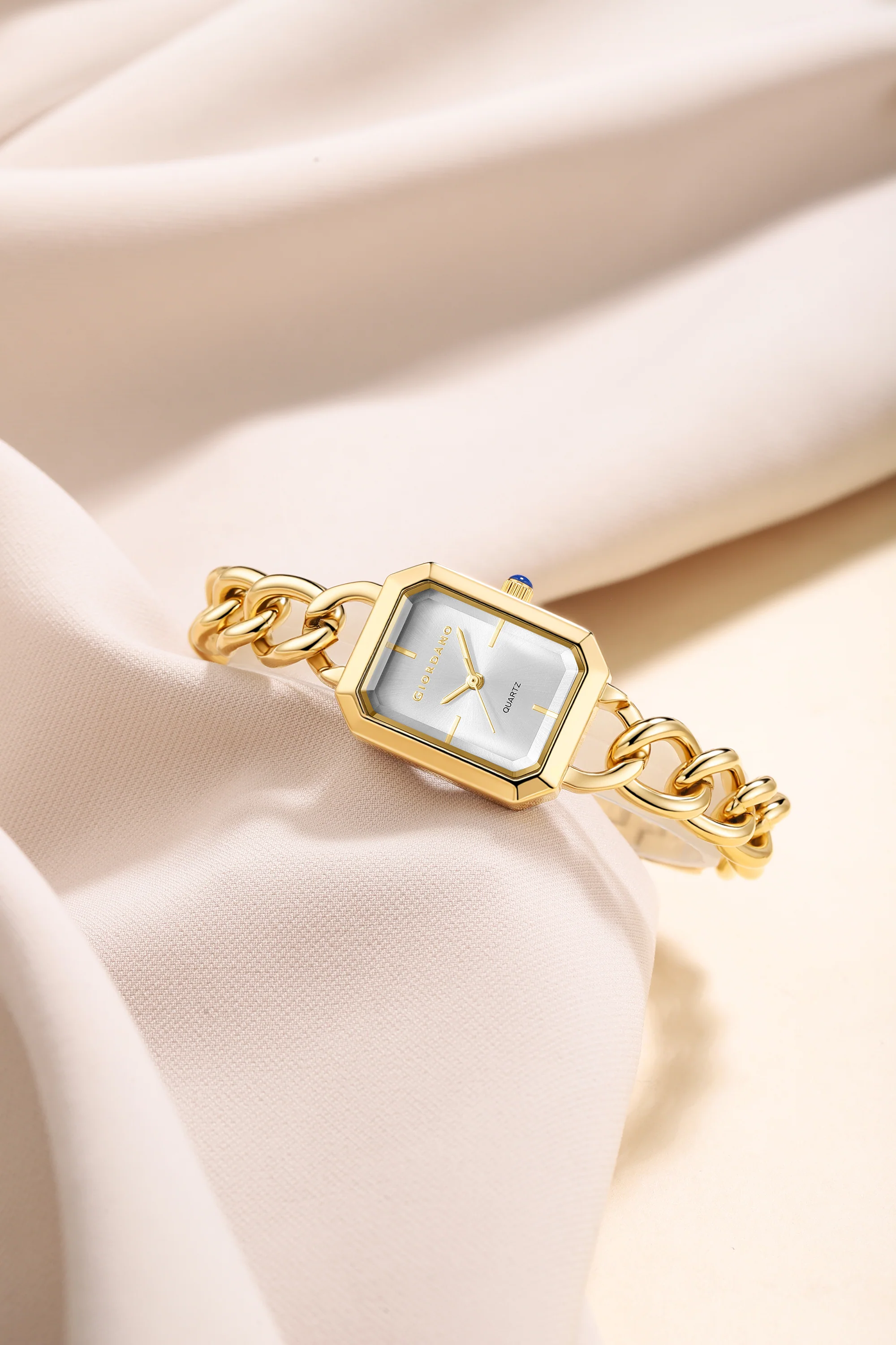 Giordano Elegant Watch for Women with Gloss Sunray Dial, Quartz Movement, Rectangular Case, Stainless Steel Chain Strap and Blue Crown Accent - GZ-60135-22