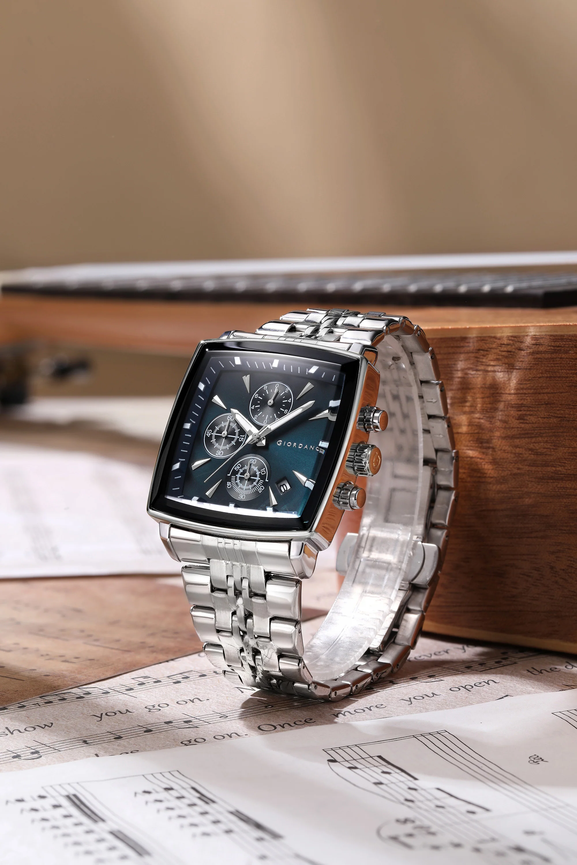 Giordano Multi Function Watch For Men With Square Blue Dial, Stainless Steel Strap And Date Display GZ-50138-22 - Image 3