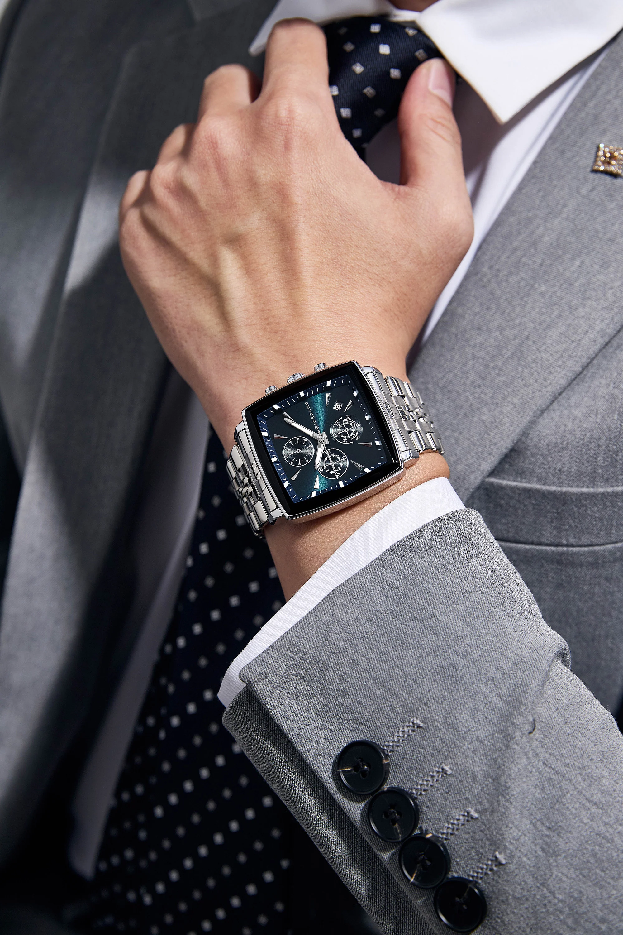 Giordano Multi Function Watch For Men With Square Blue Dial, Stainless Steel Strap And Date Display GZ-50138-22 - Image 4
