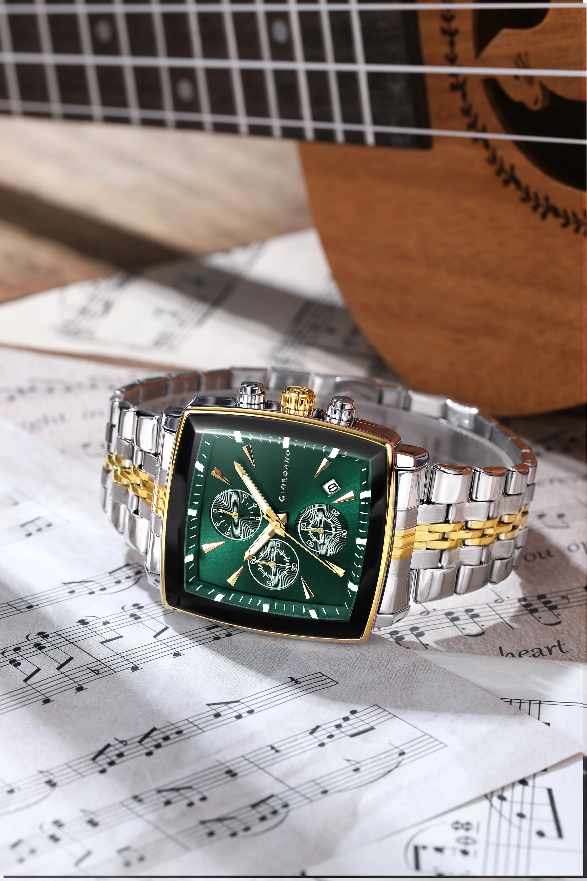Giordano Multi Function Watch For Men With Square Green Dial, Stainless Steel Strap And Date Display GZ-50138-55 - Image 4