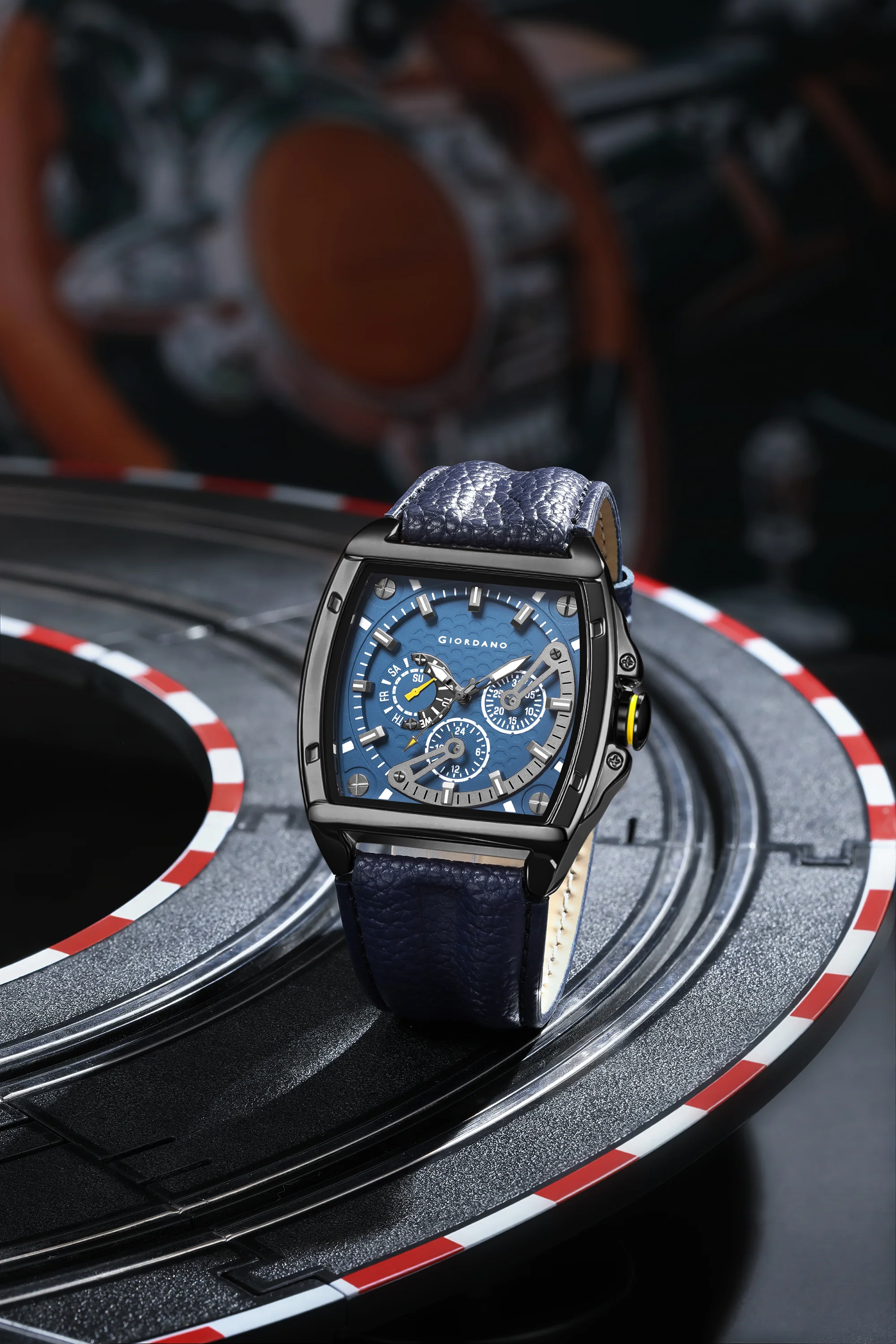 Giordano Multifunctional Analog Watch for Men with Textured Blue Dial, Luminous Indices, Day Display, Leather Strap & Water Resistant GZ-50157-01