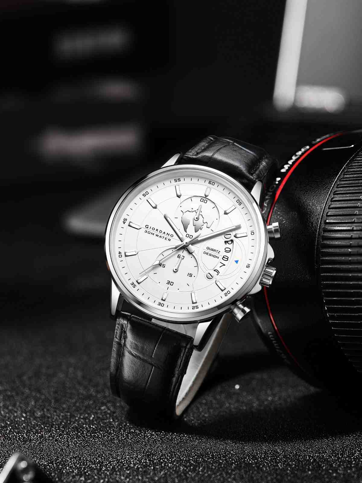 Giordano Mutifunction Watch for Men with Round Silver Dial, Date Display and Black Leather Strap GZ-50165-01