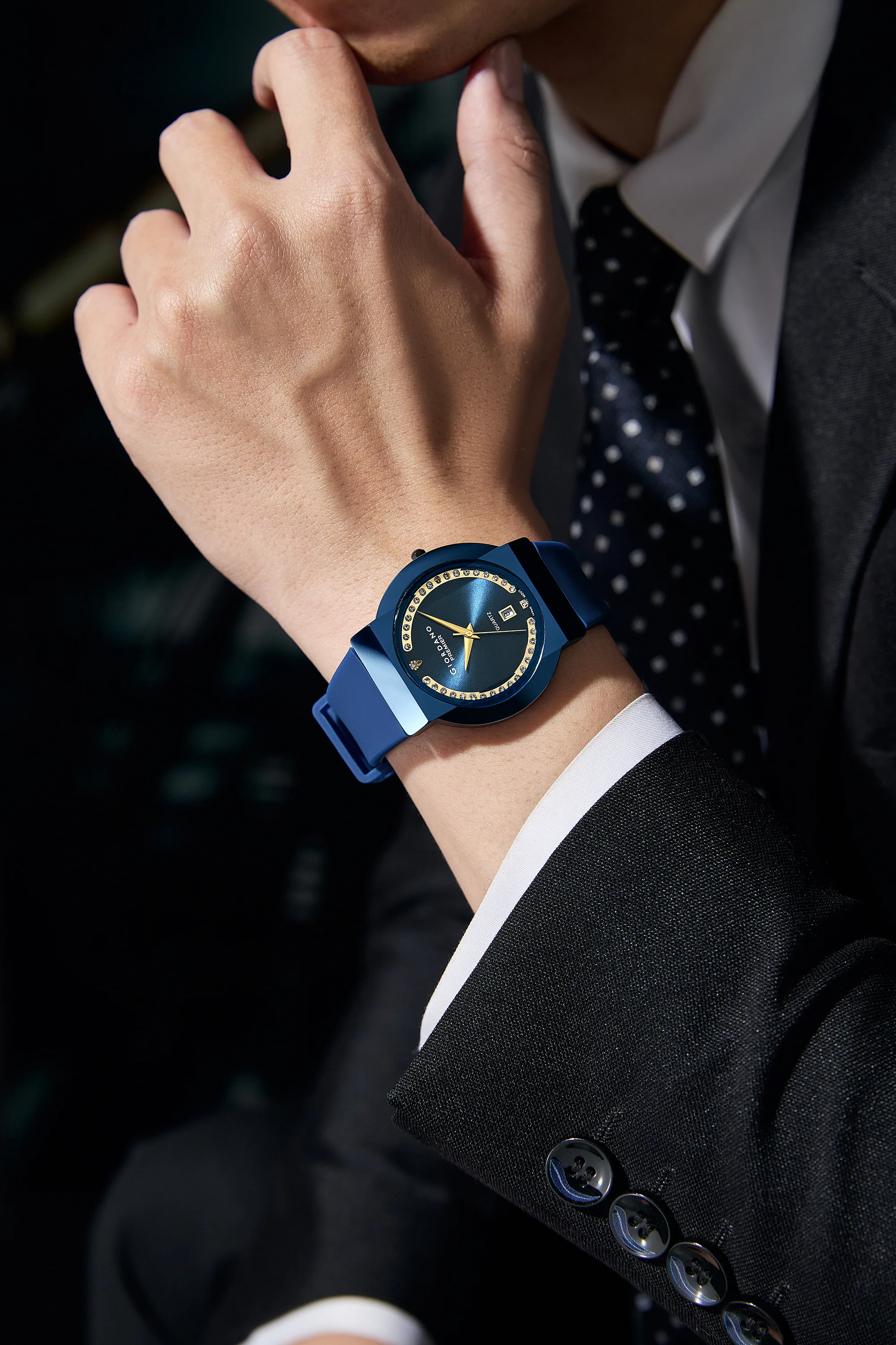 Giordano Premier Analog Quartz Watch for Women with Round Blue Dial, Crystal Studded Bezel, Date Display, Blue Case & Silicone Strap - GZ-50228-03 - Image 2