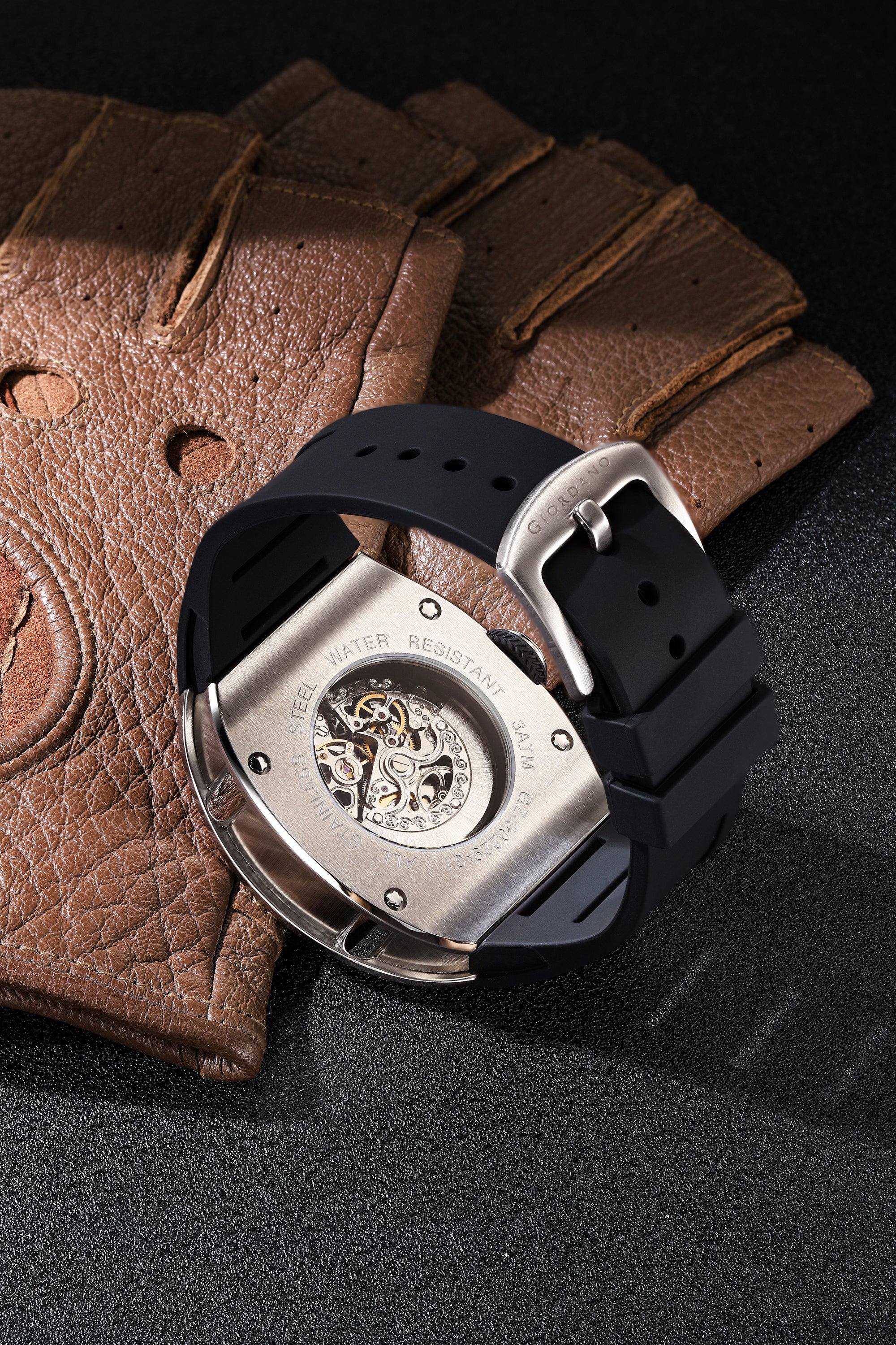 Giordano Premier Analog Skeleton Watch for Men with Black Tonneau-Shaped Dial, Arabic Numerals and Black Silicone Strap - GZ-50229-01 - Image 4